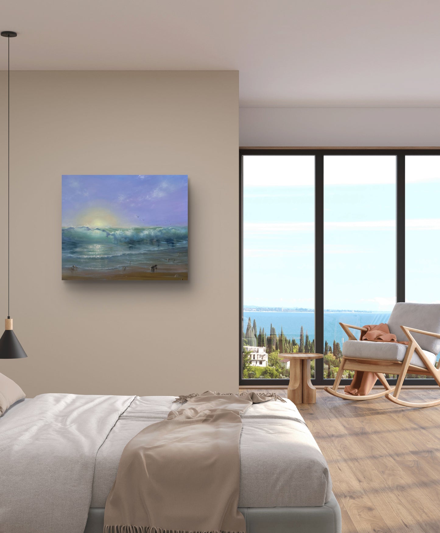 Seascape painting hanging on the wall in bedroom.