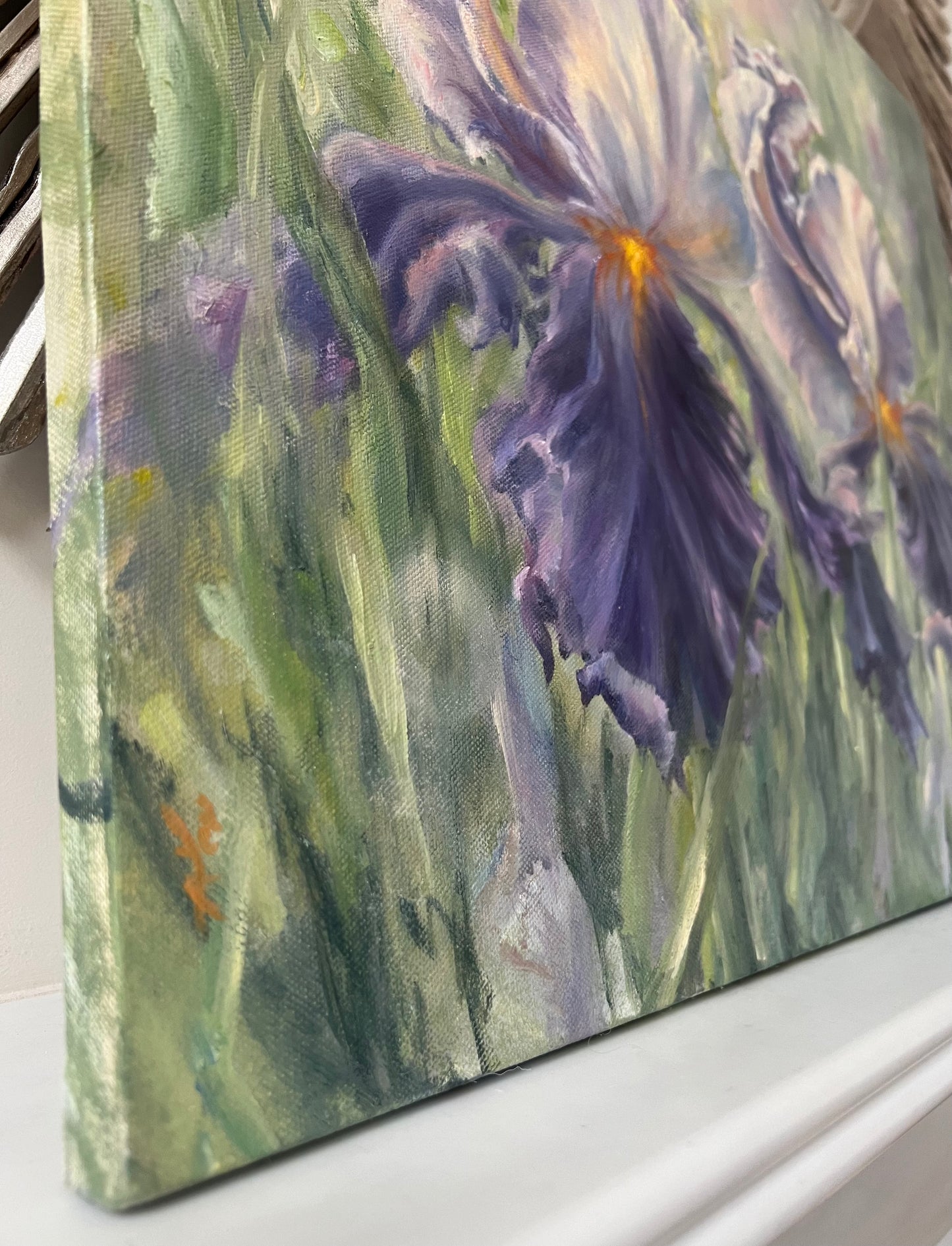 Morning Irises, 50x60 cm, original oil on canvas landscape painting