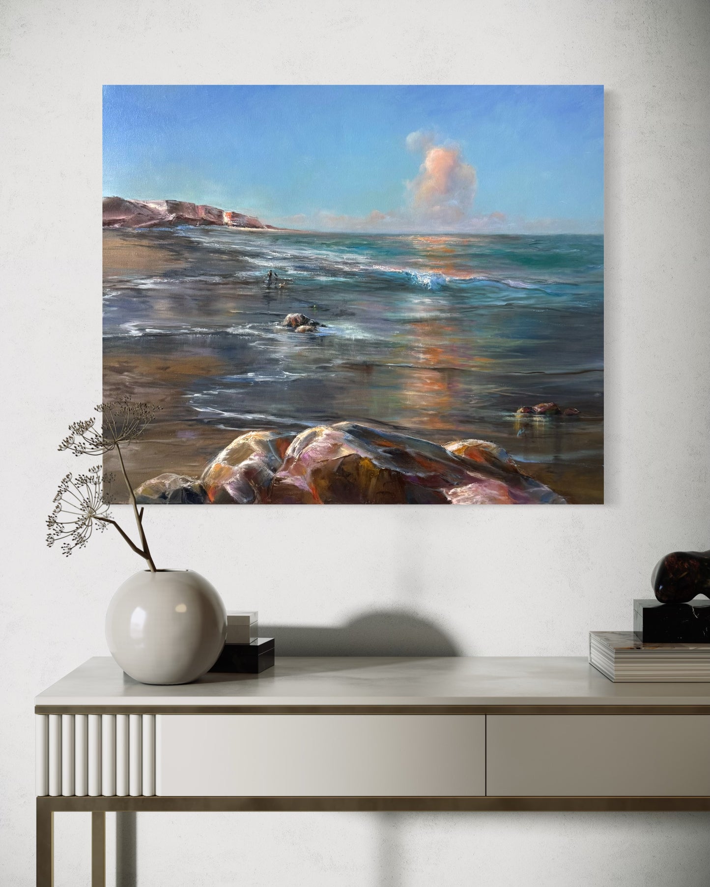 Dog walking down the beach, 51x61 cm, original oil painting