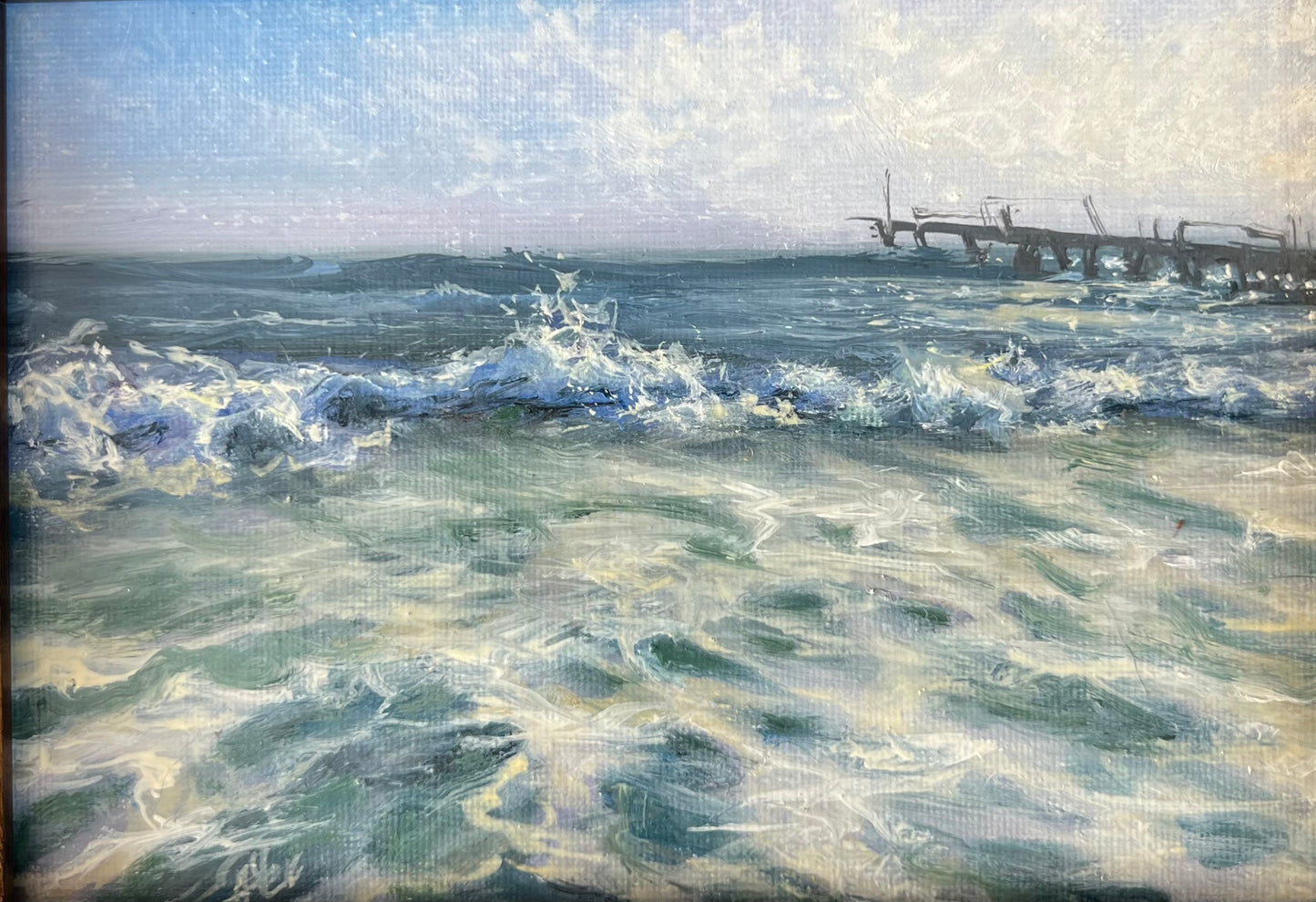 By the Old Pier II, 13x18cm, original seascape oil painting