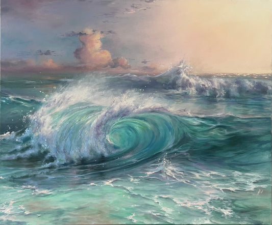 Curling Crushing wave  and sunrise