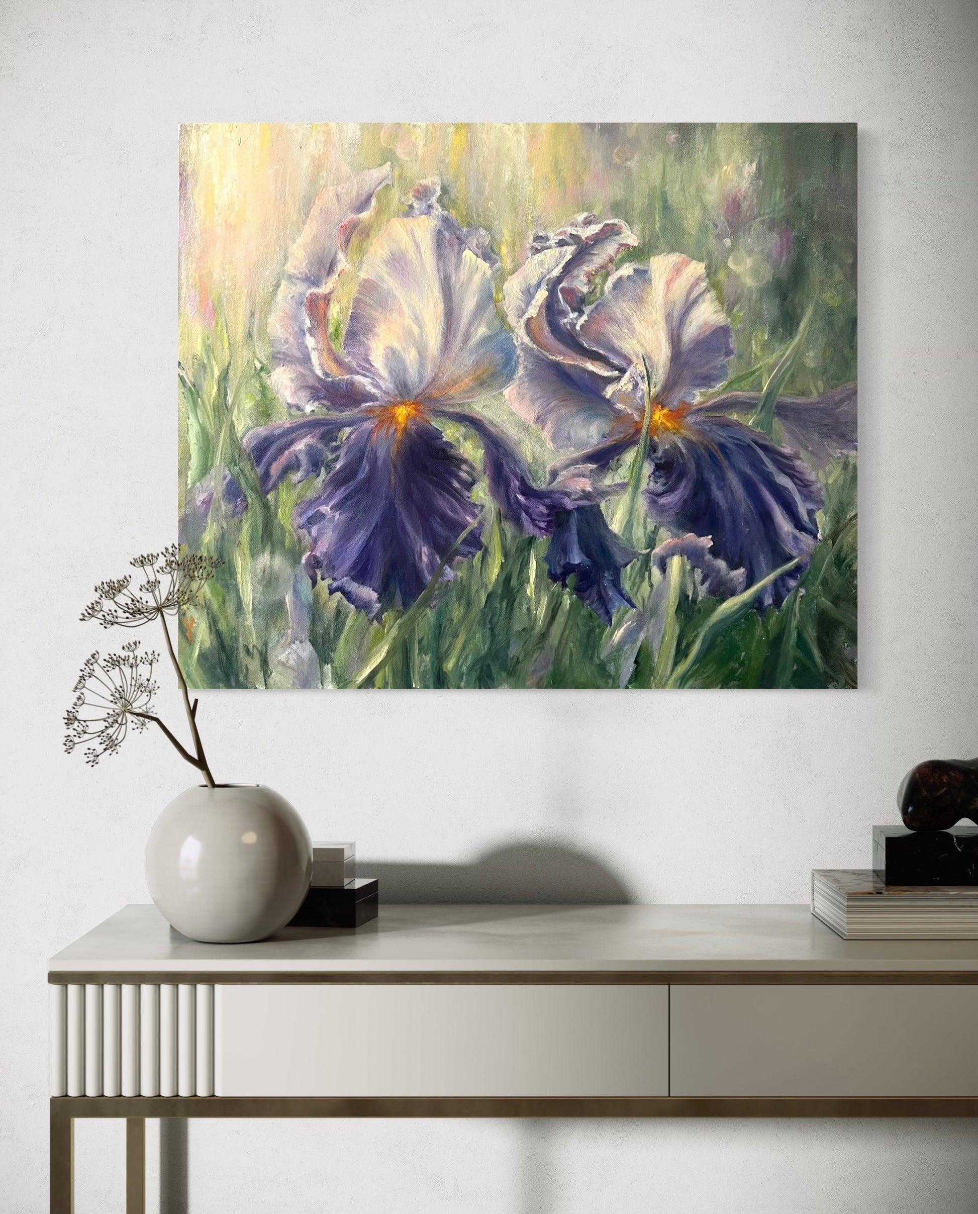 Flowers oil painting, white and purple irises, surrounded by a greenery garden, mix of Impressionism and realism.