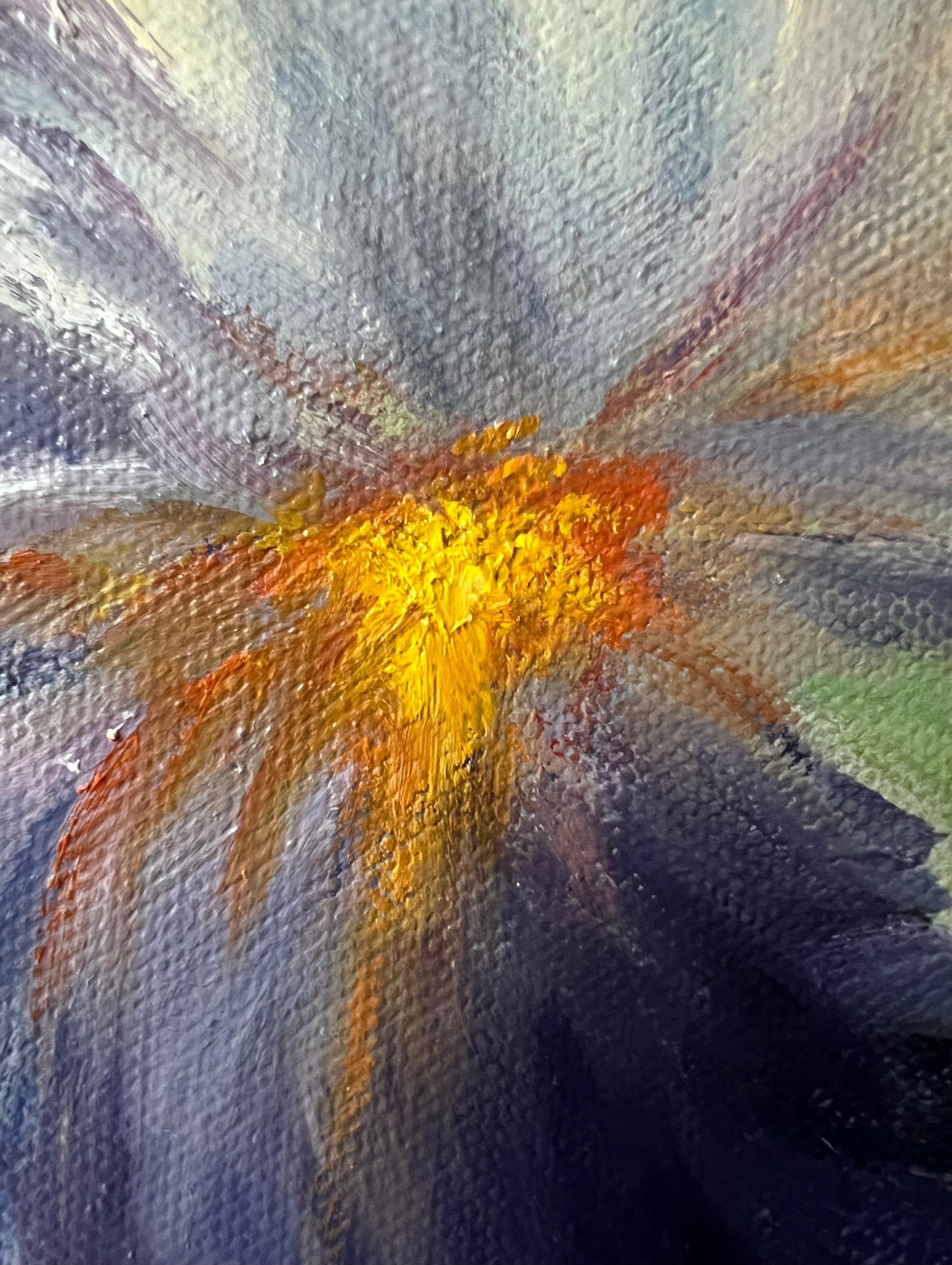 Close up of a floral painting showing impasto texture.