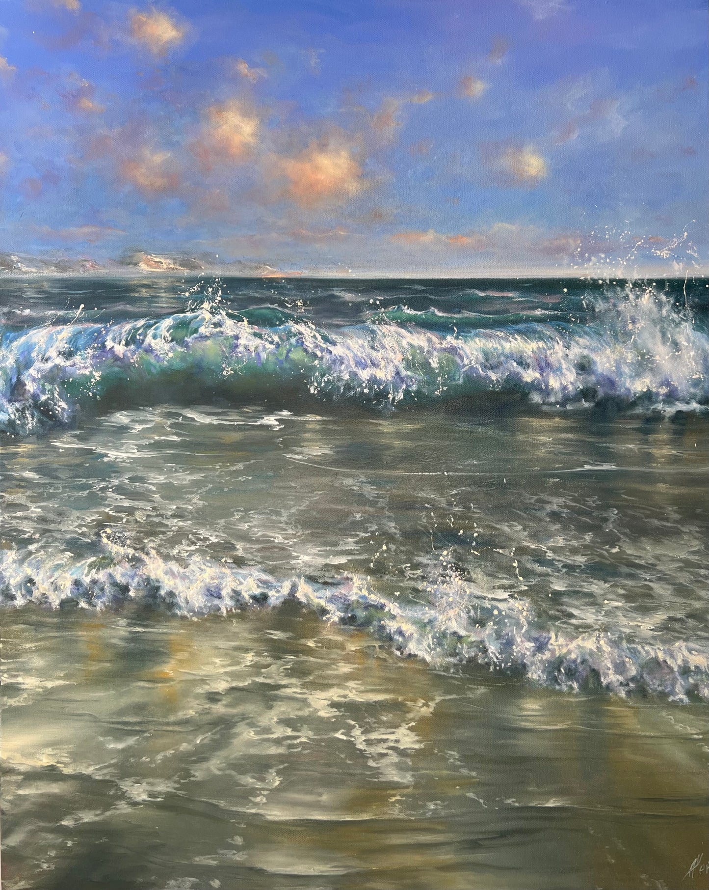 Original oil painting on deep edge canvas depicting a seascape with big breaking waves and a clear sky with glowing clouds.