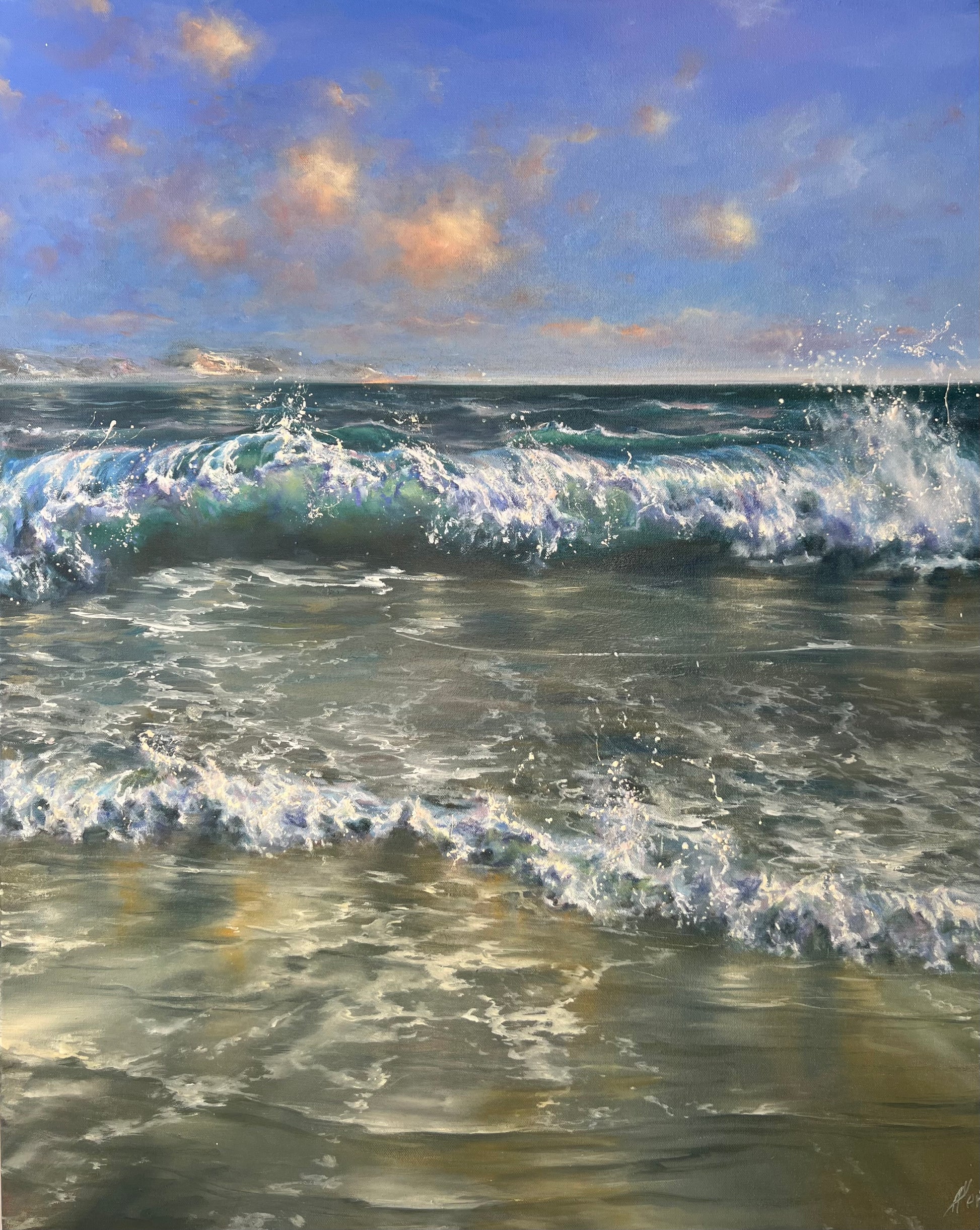 Original oil painting on deep edge canvas depicting a seascape with big breaking waves and a clear sky with glowing clouds.