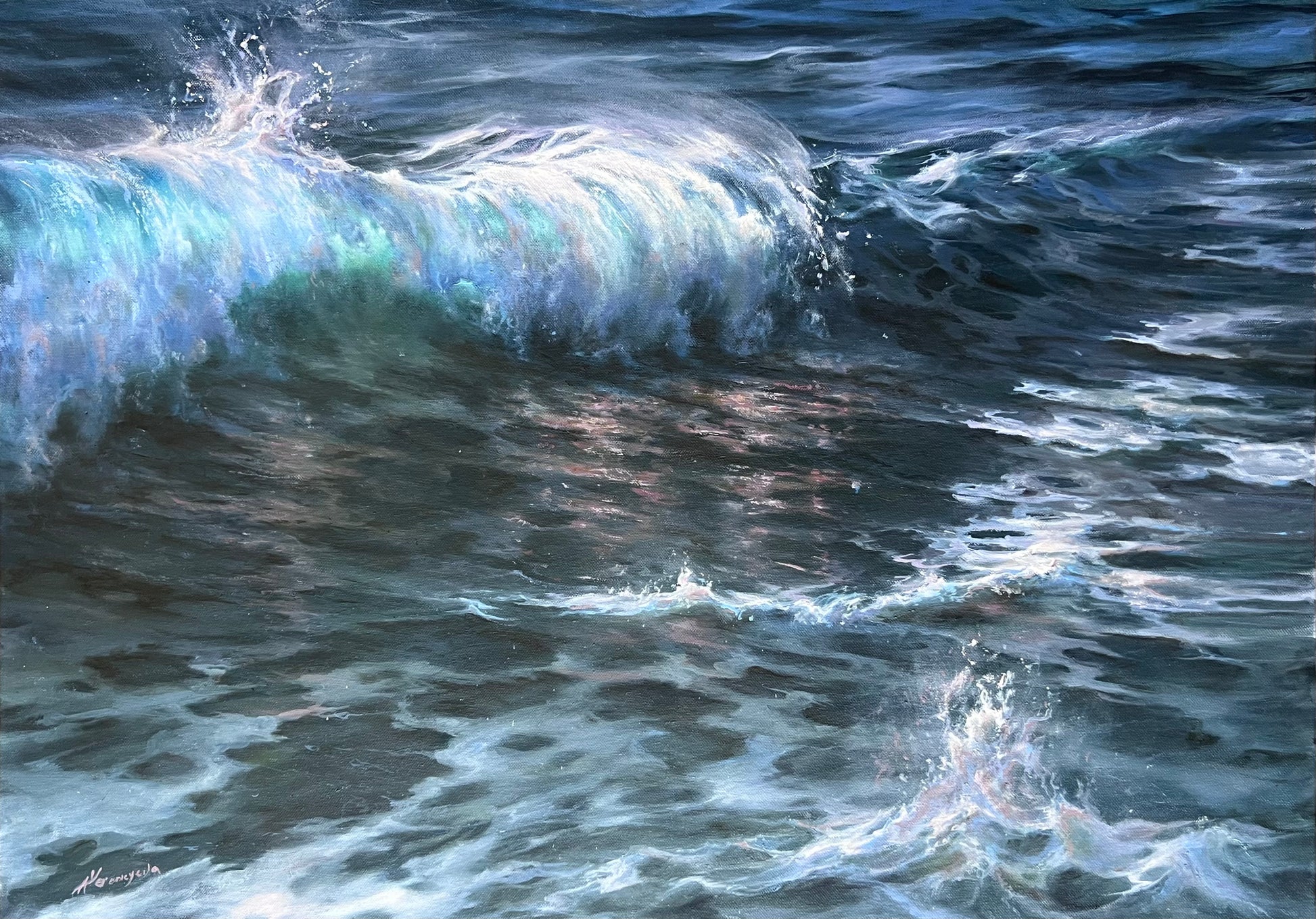 Crushing into the shore large arching wave