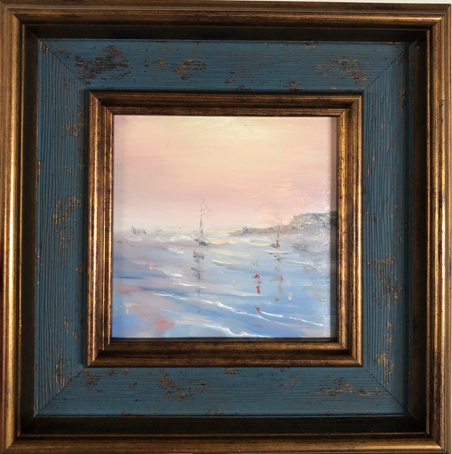 Morning at the Bay, 9x9 cm, original seascape oil painting