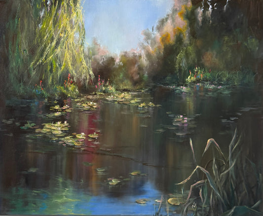 Lily pond painting, featuring darker woods, a sunlight coming through the top of the trees to a pond covered with lily pads and lilies. Willow tree brunches are hanging above the pond.