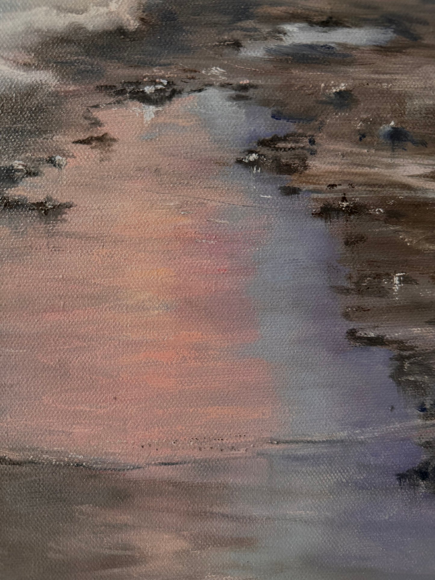 Dog walking on a hazy beach, 41x51 cm, original oil painting, seascape