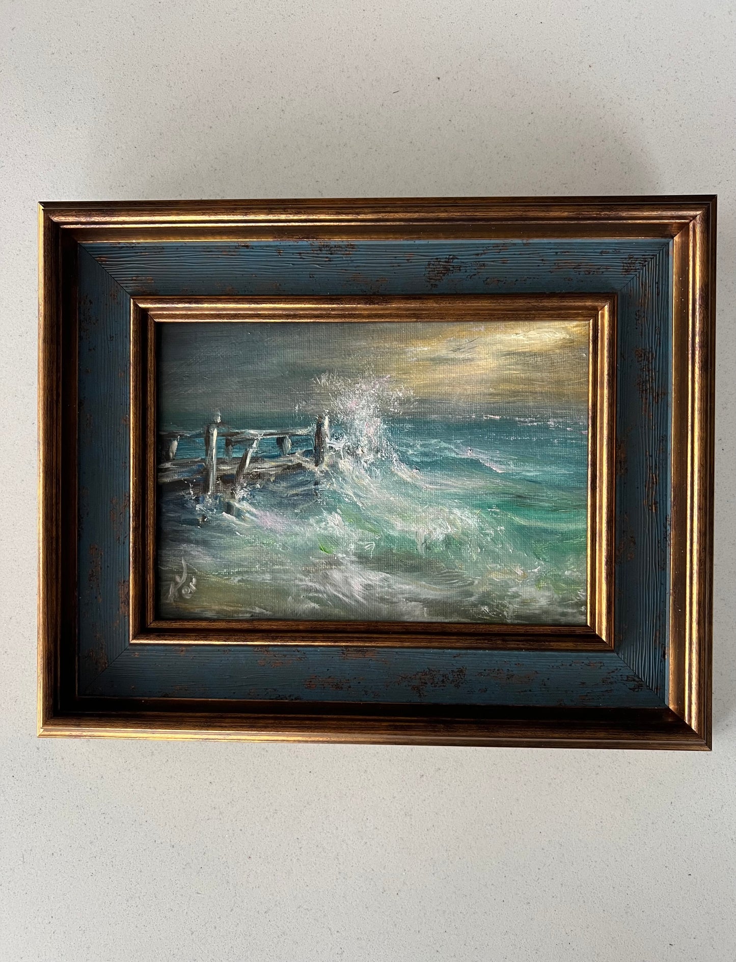 Breaking Dusk II, 13x18 cm, original seascape oil painting