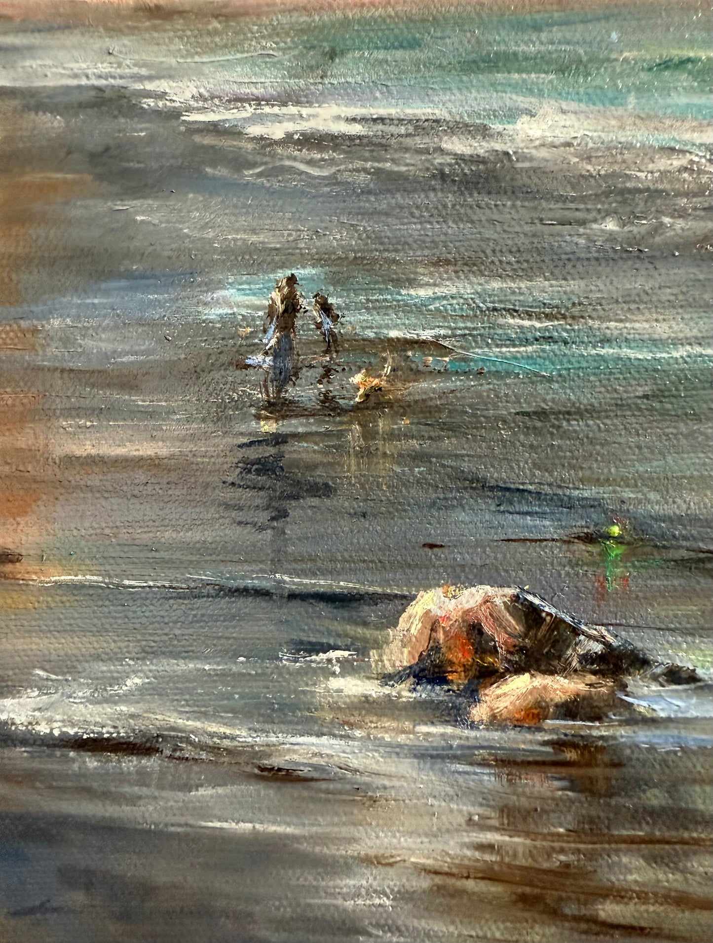 Dog walking down the beach, 51x61 cm, original oil painting