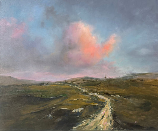 Painting of a landscape with a winding path and pink sunset  clouds in the sky.
