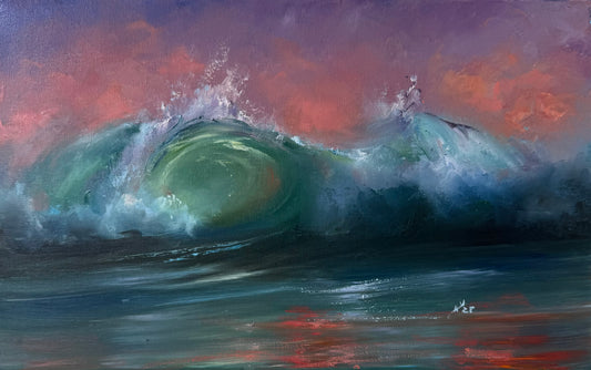 Tropical evening at strawberry hour, 22x35 cm, original seascape oil painting