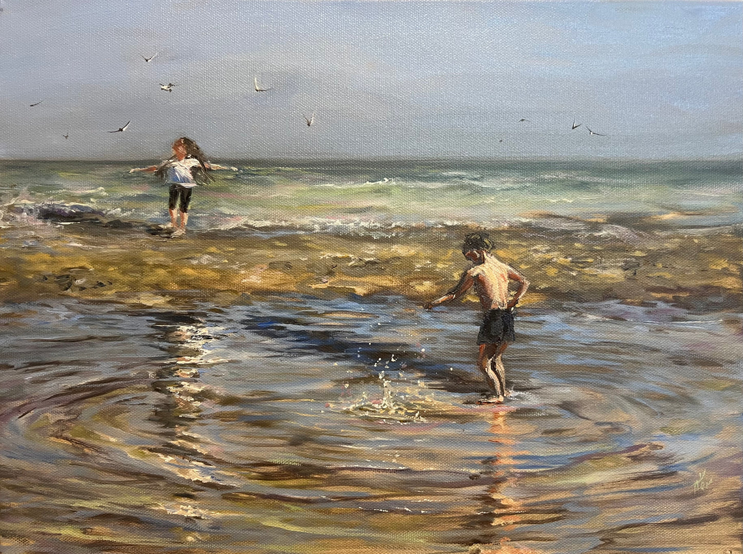 Dancing with Seagulls, 30x40cm, linen, original oil painting, seascape