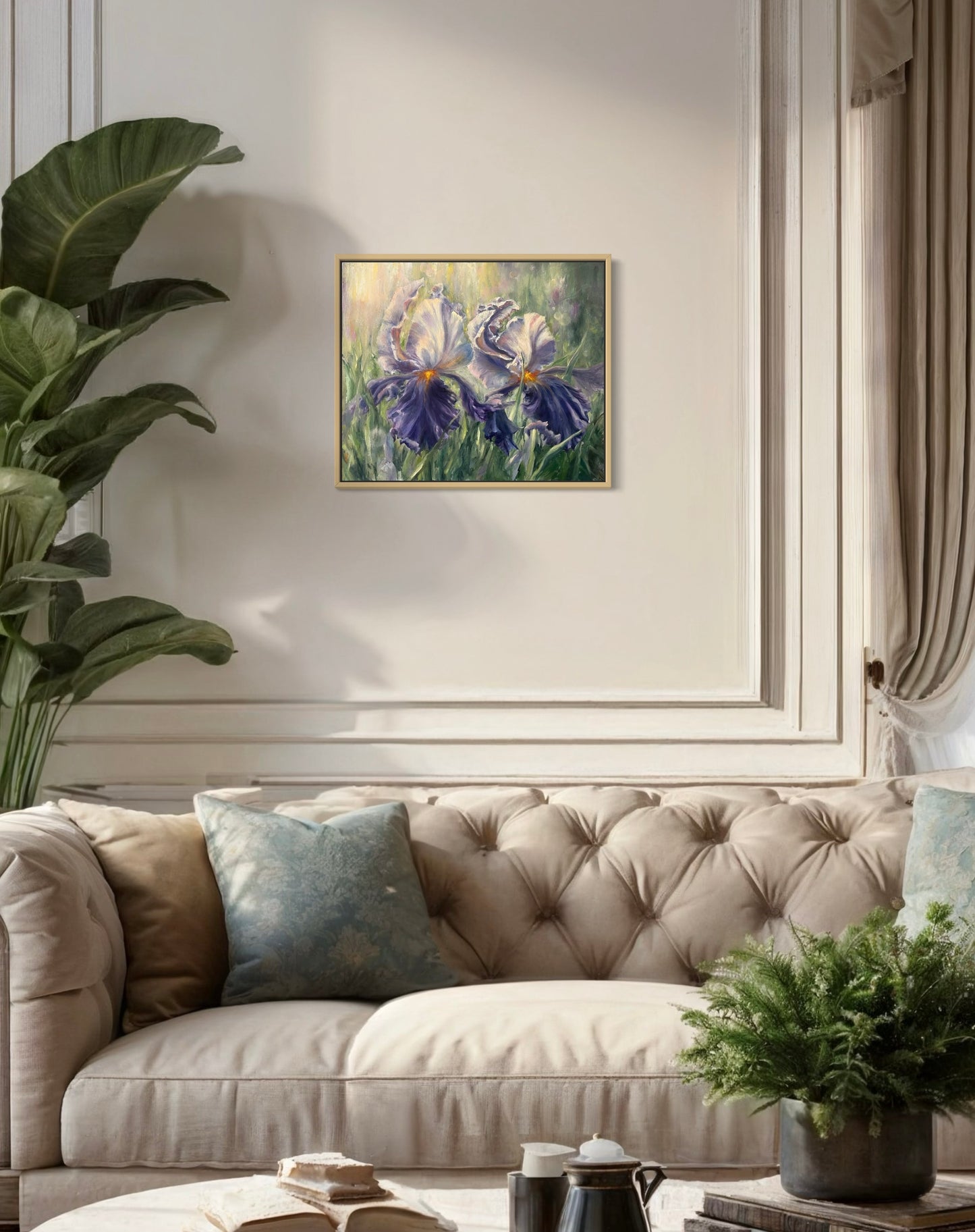 Morning Irises, 50x60 cm, original oil on canvas landscape painting