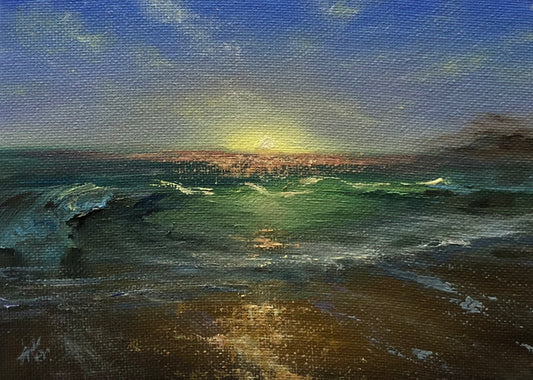 Watching Sunrise, 13x18 cm, original seascape oil painting