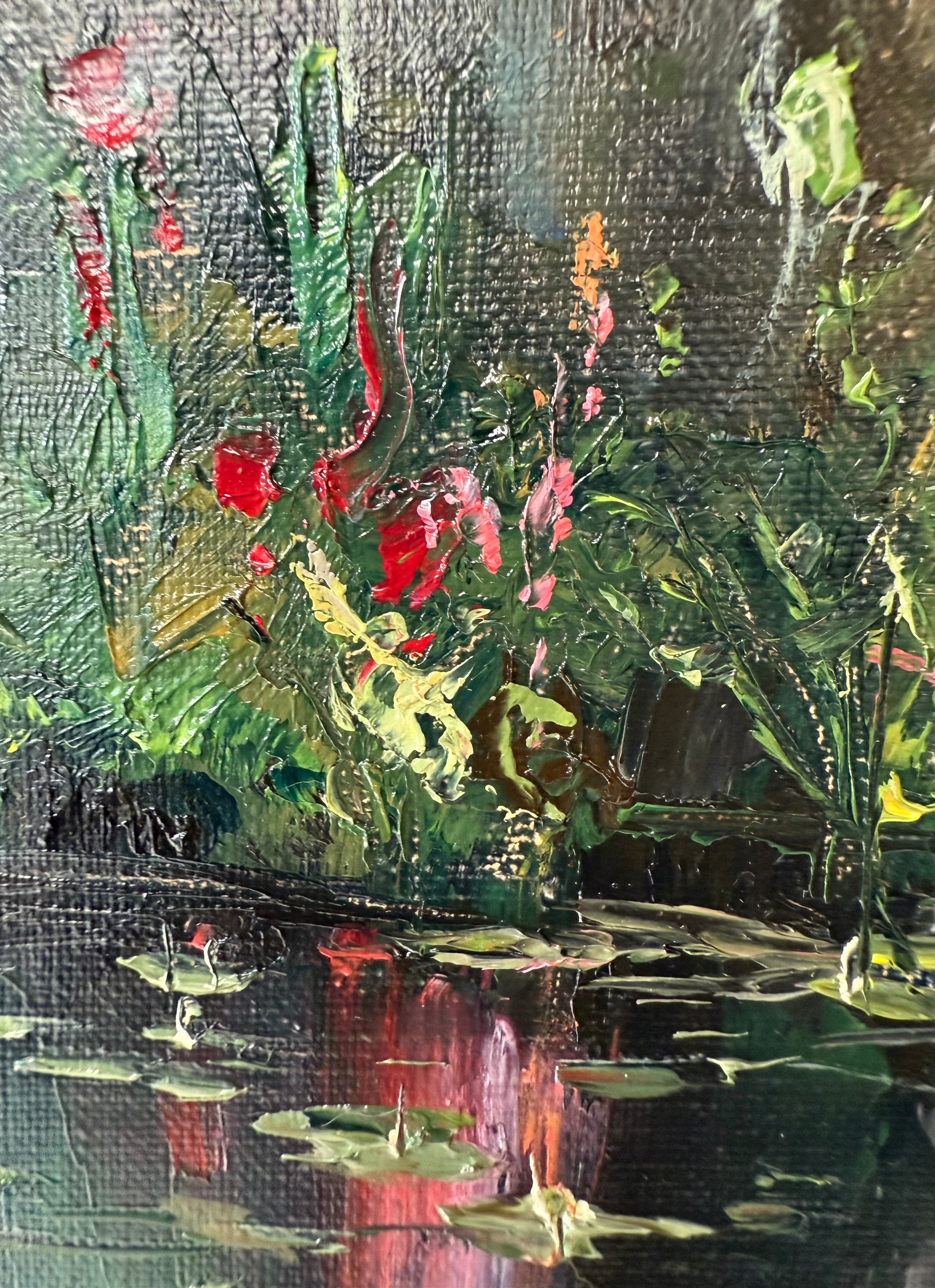 Close up of a lily pong painting showing impasto parts of the painting - impressionistic style.