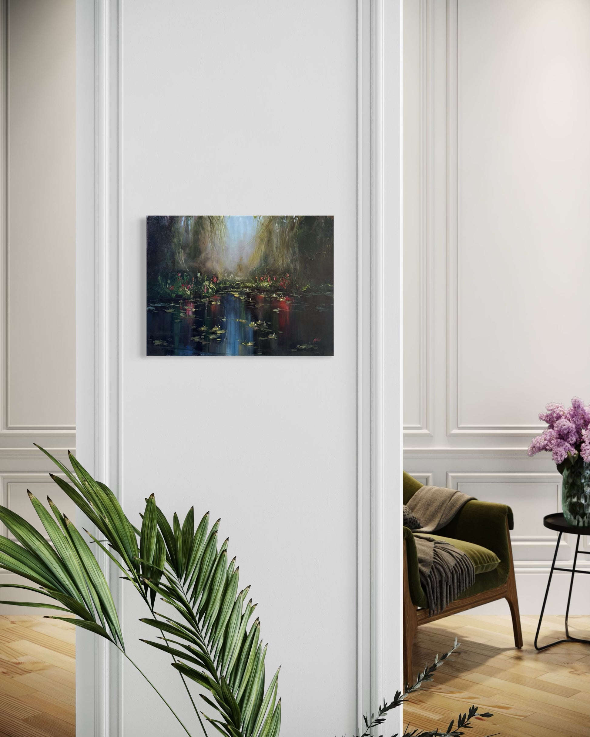 Lily pond painting hanging on the wall