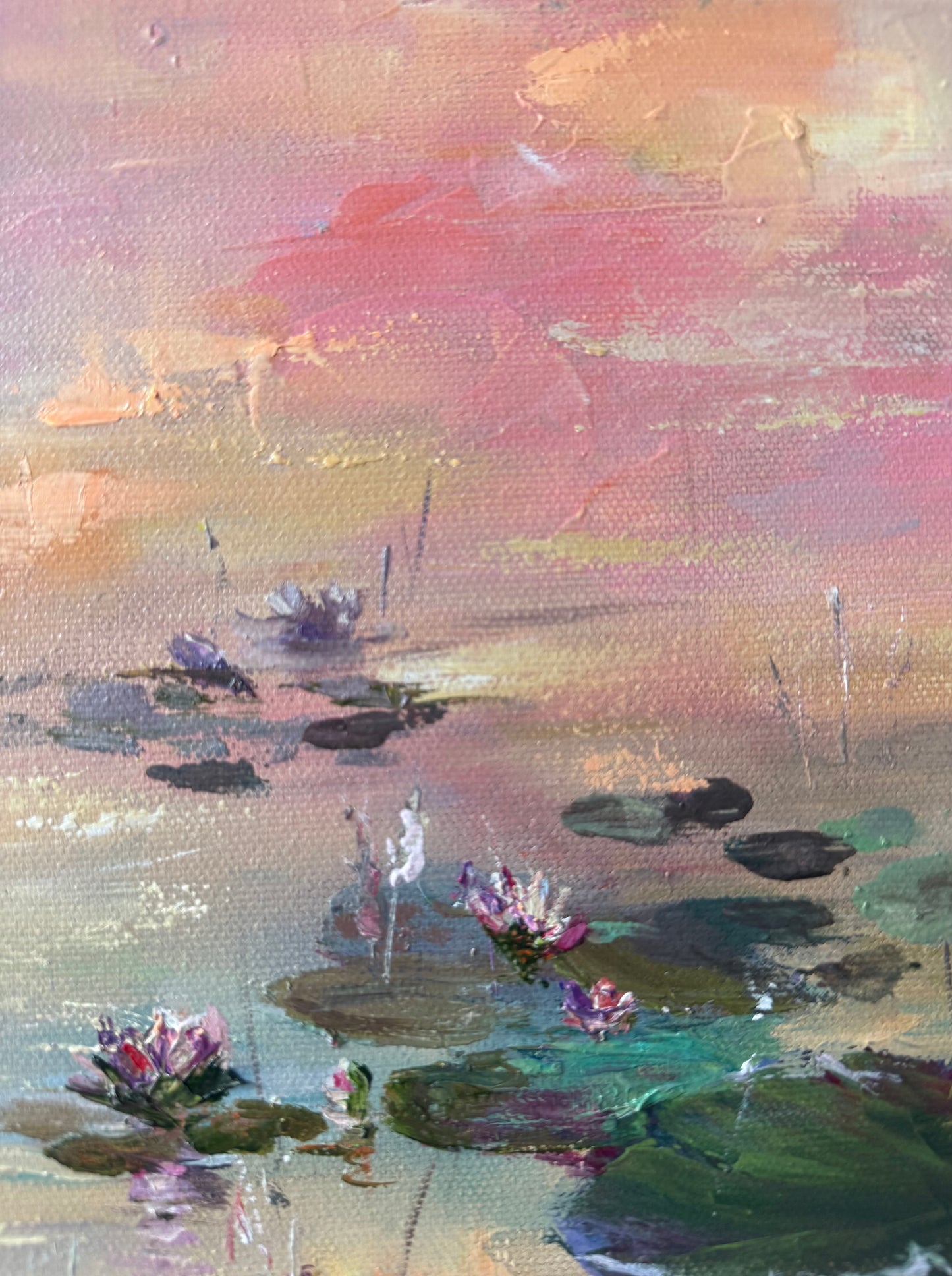 Painting of water lilies on a pond with a soft, multicoloured sunrise reflections.
