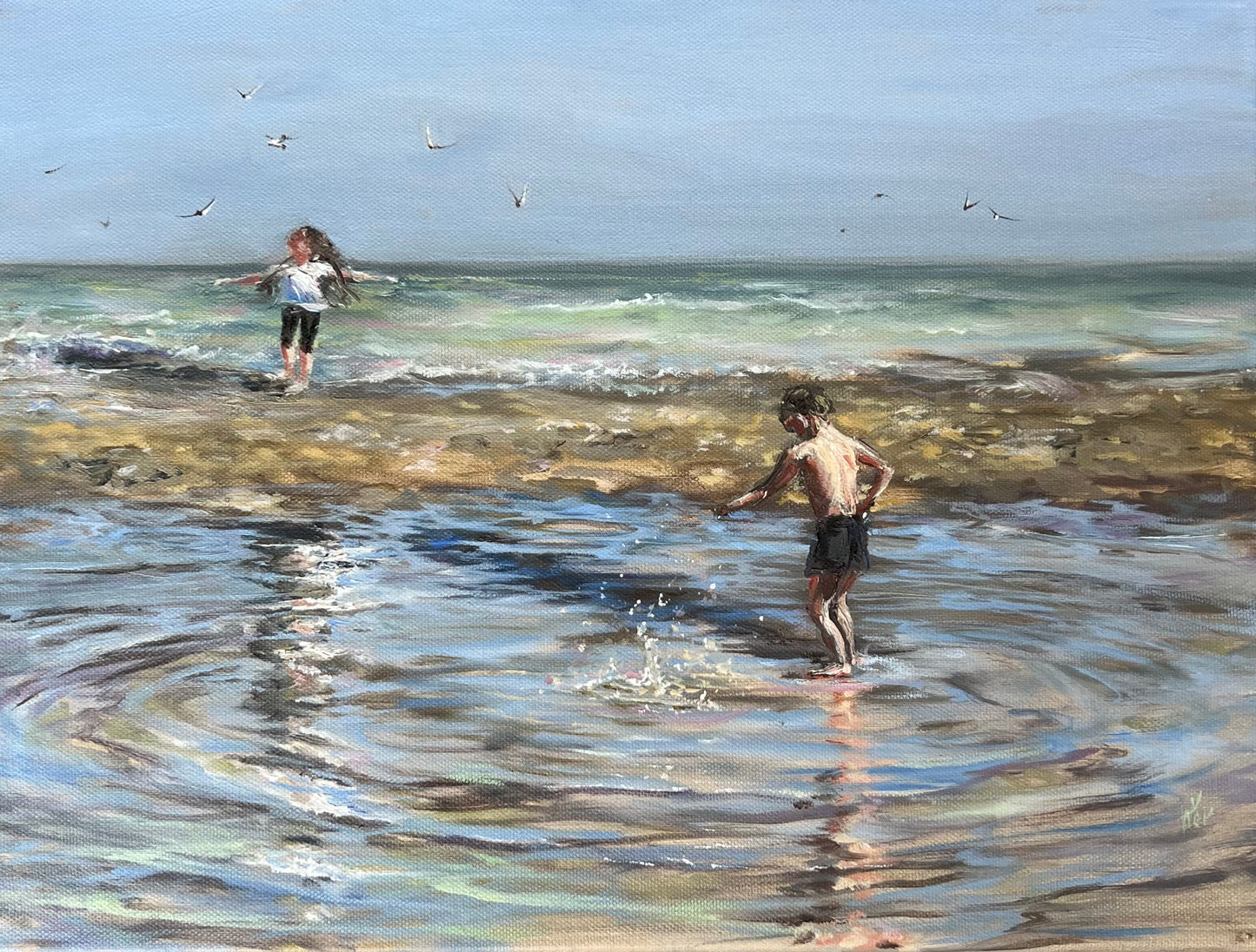 Dancing with Seagulls, 30x40cm, linen, original oil painting, seascape