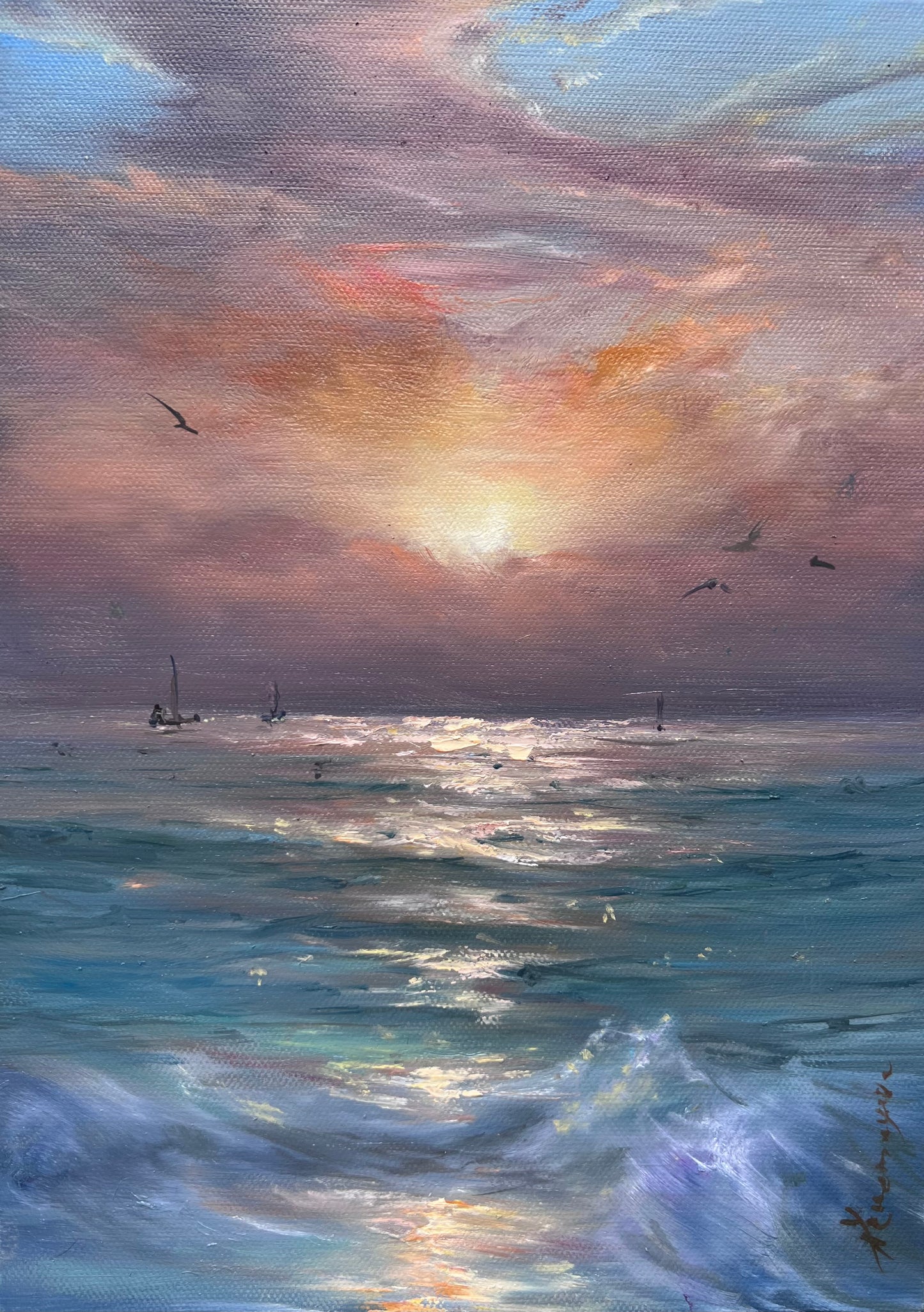 New Dawn, 30x22 cm, original seascape oil painting
