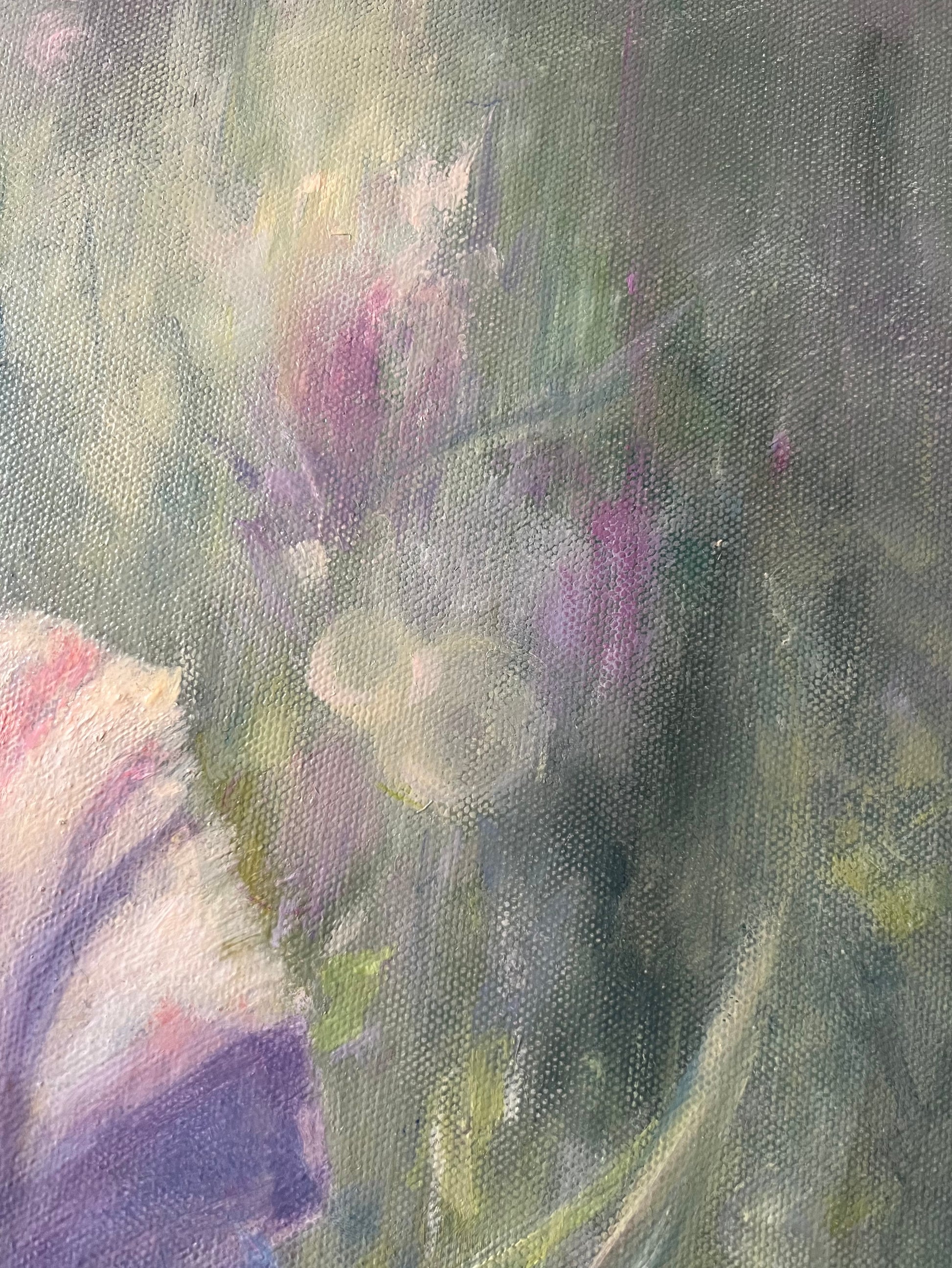 Close up of the irises painting, showing impressionistic approach. Sunlight reflections in the air.