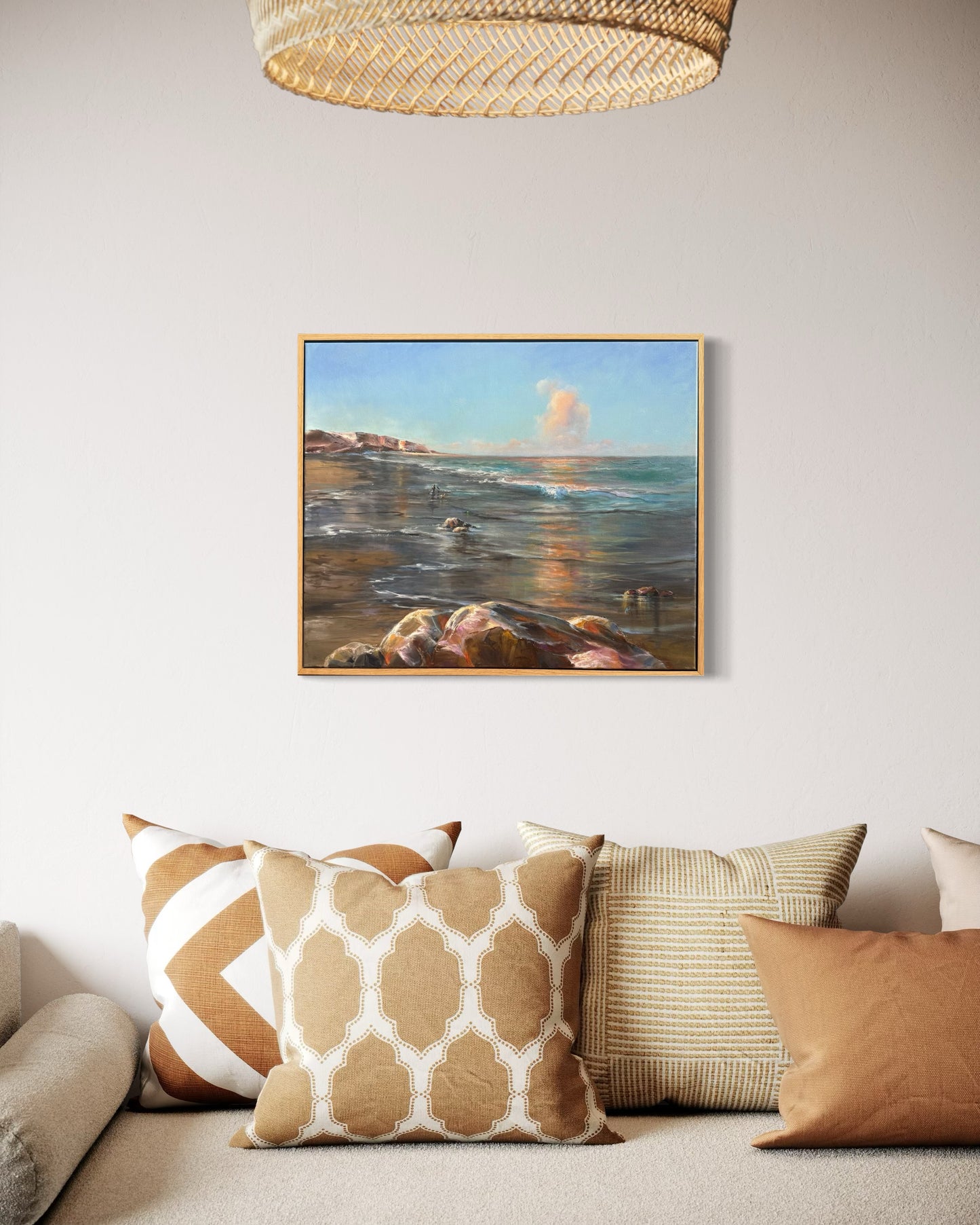 Dog walking down the beach, 51x61 cm, original oil painting