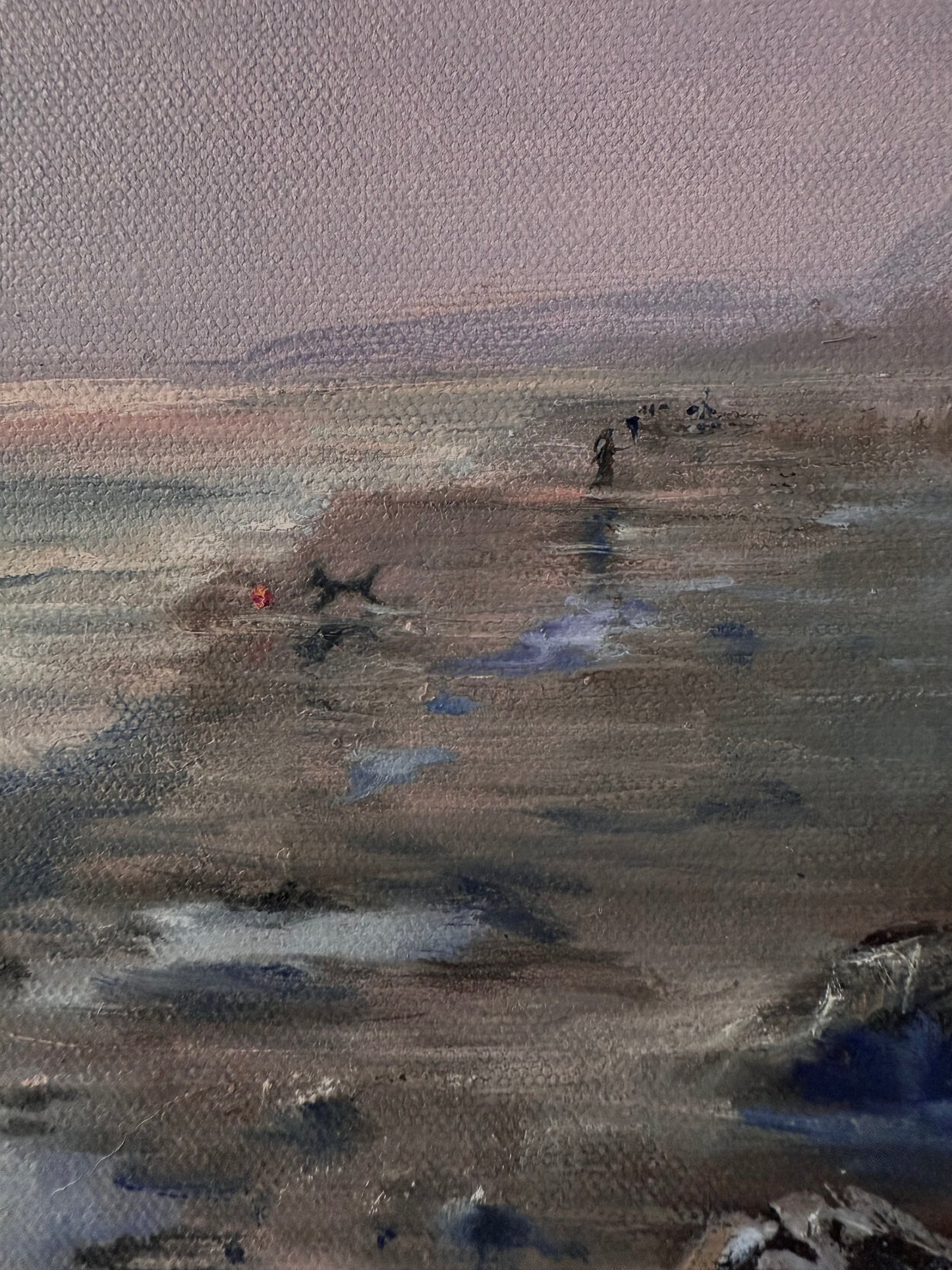 Dog walking on a hazy beach, 41x51 cm, original oil painting, seascape