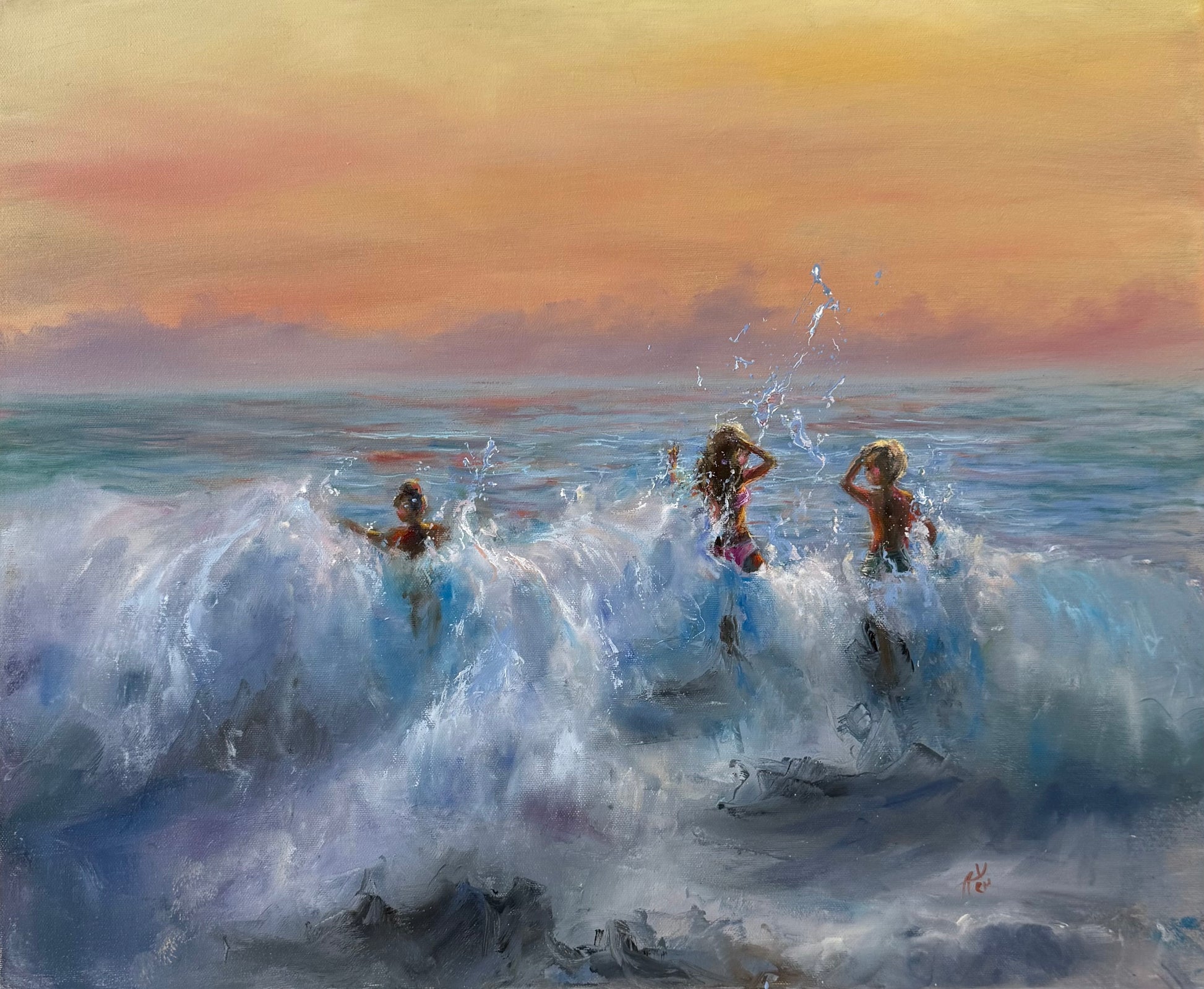 Sunset oil painting featuring children jumping in ocean waves.
