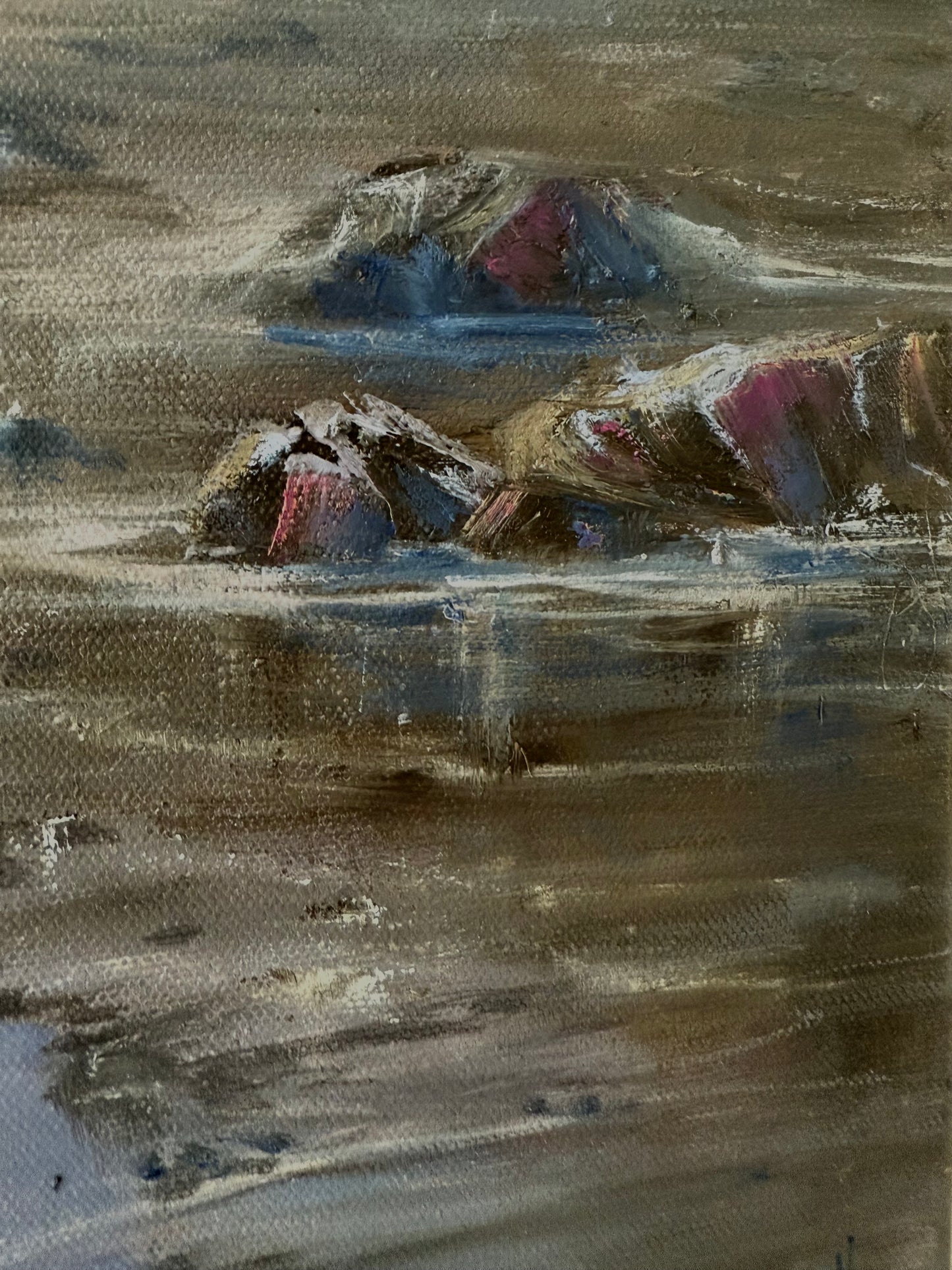 Dog walking on a hazy beach, 41x51 cm, original oil painting, seascape