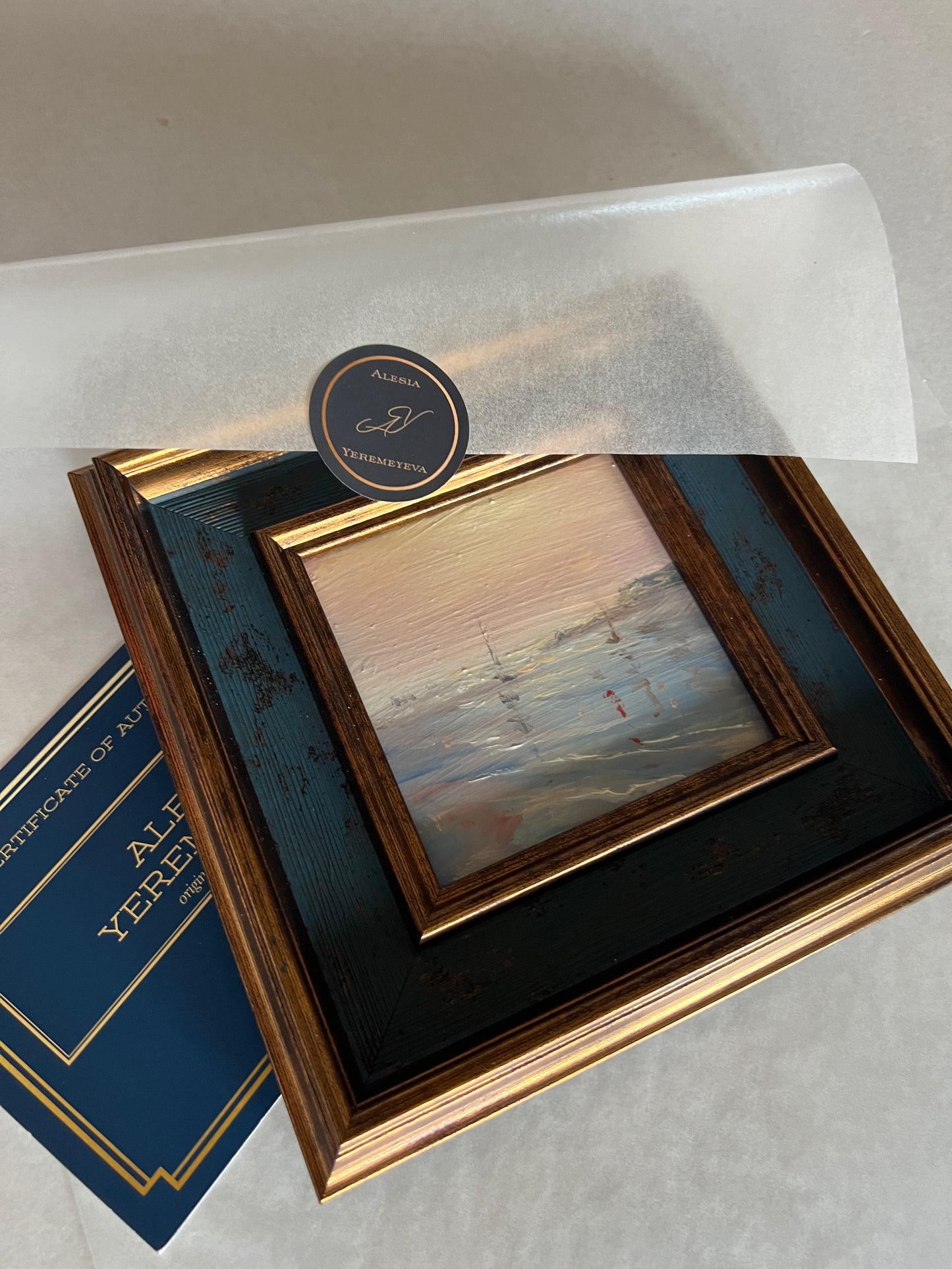 Morning at the Bay, 9x9 cm, original seascape oil painting