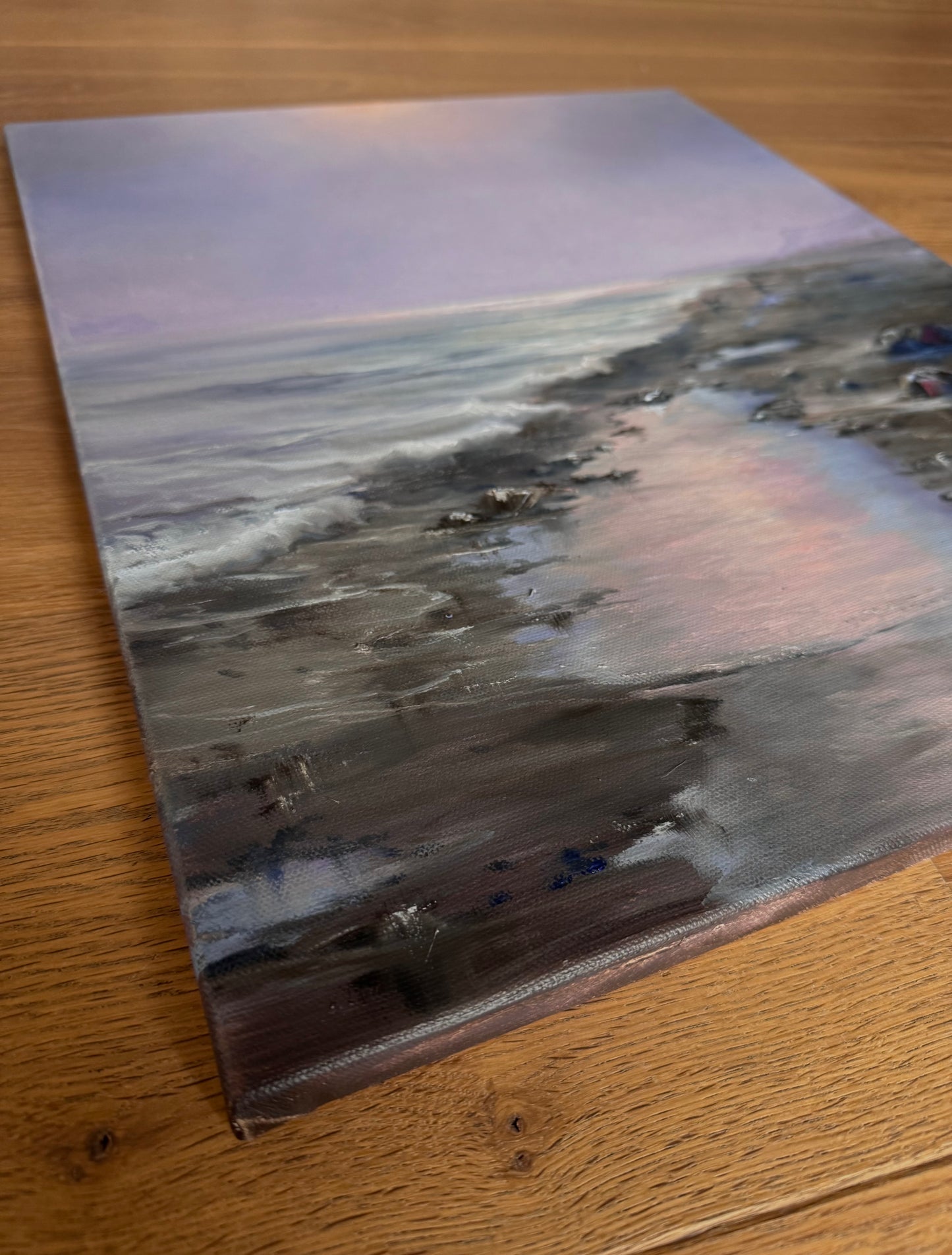 Dog walking on a hazy beach, 41x51 cm, original oil painting, seascape