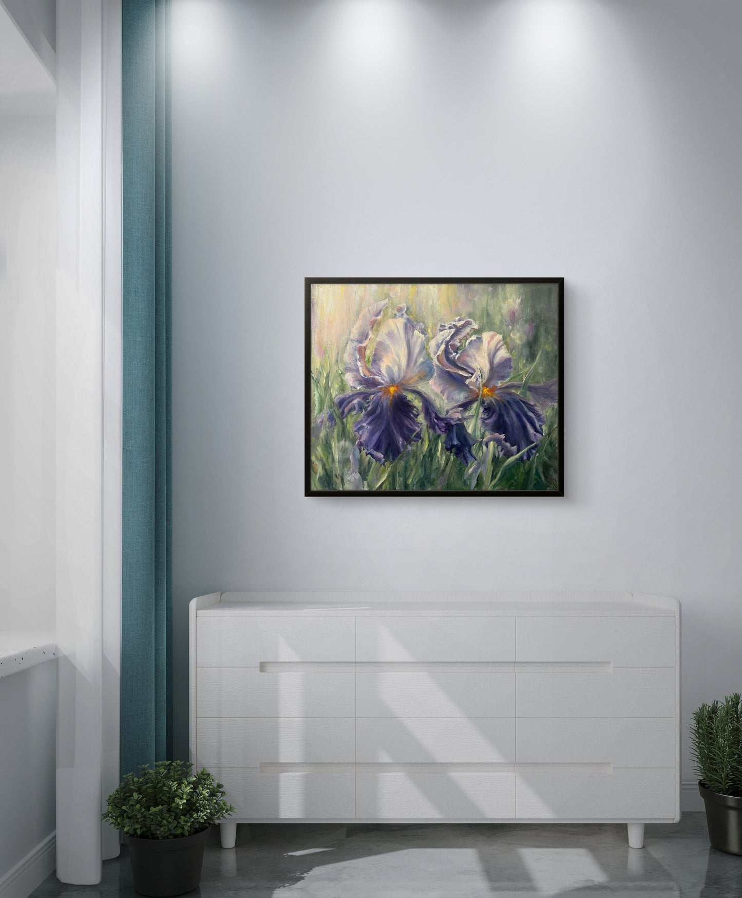 Morning Irises, 50x60 cm, original oil on canvas landscape painting