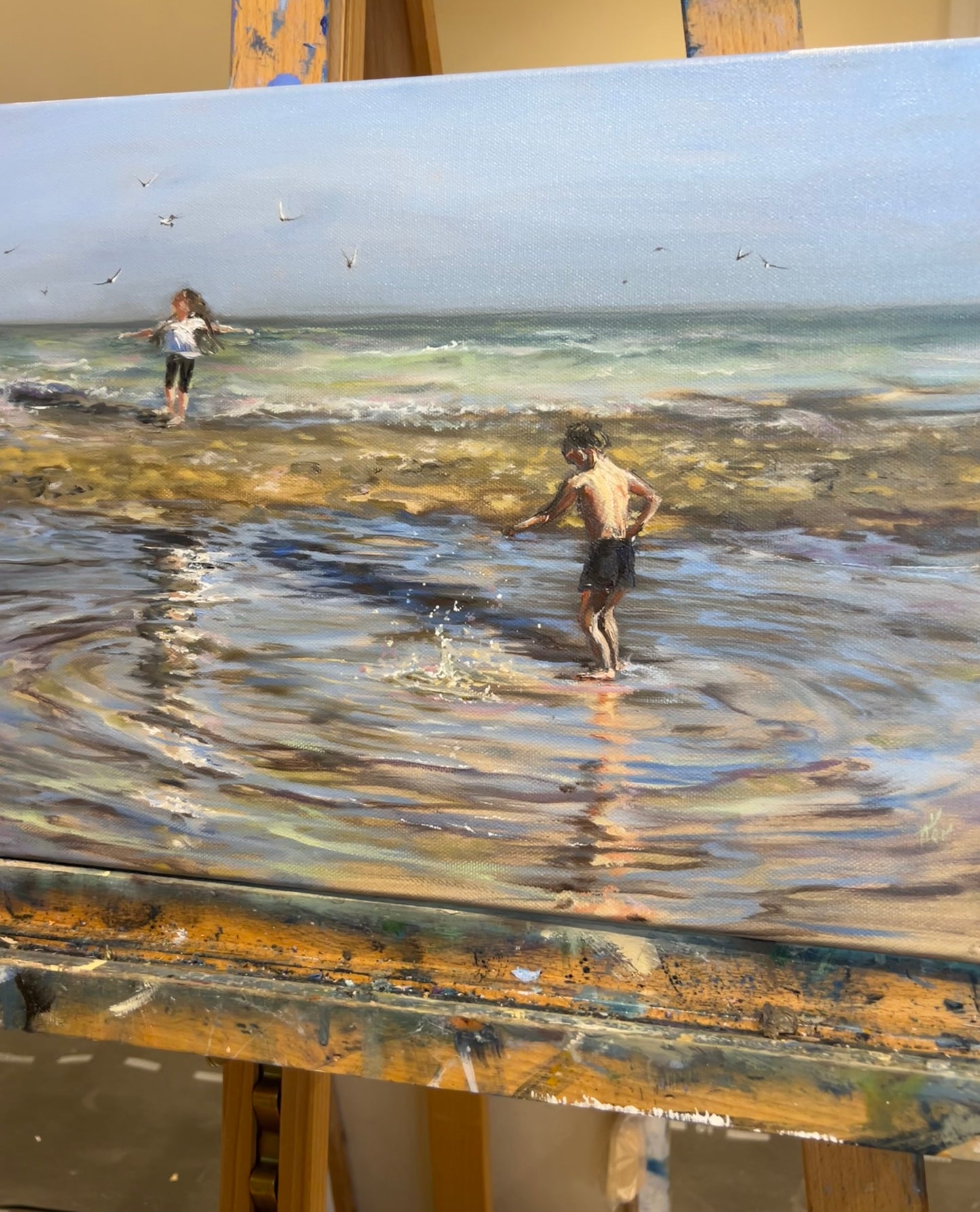 Dancing with Seagulls, 30x40cm, linen, original oil painting, seascape