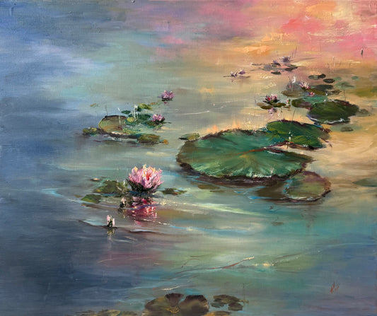 Painting of water lilies on a pond with a colourful sky reflections.