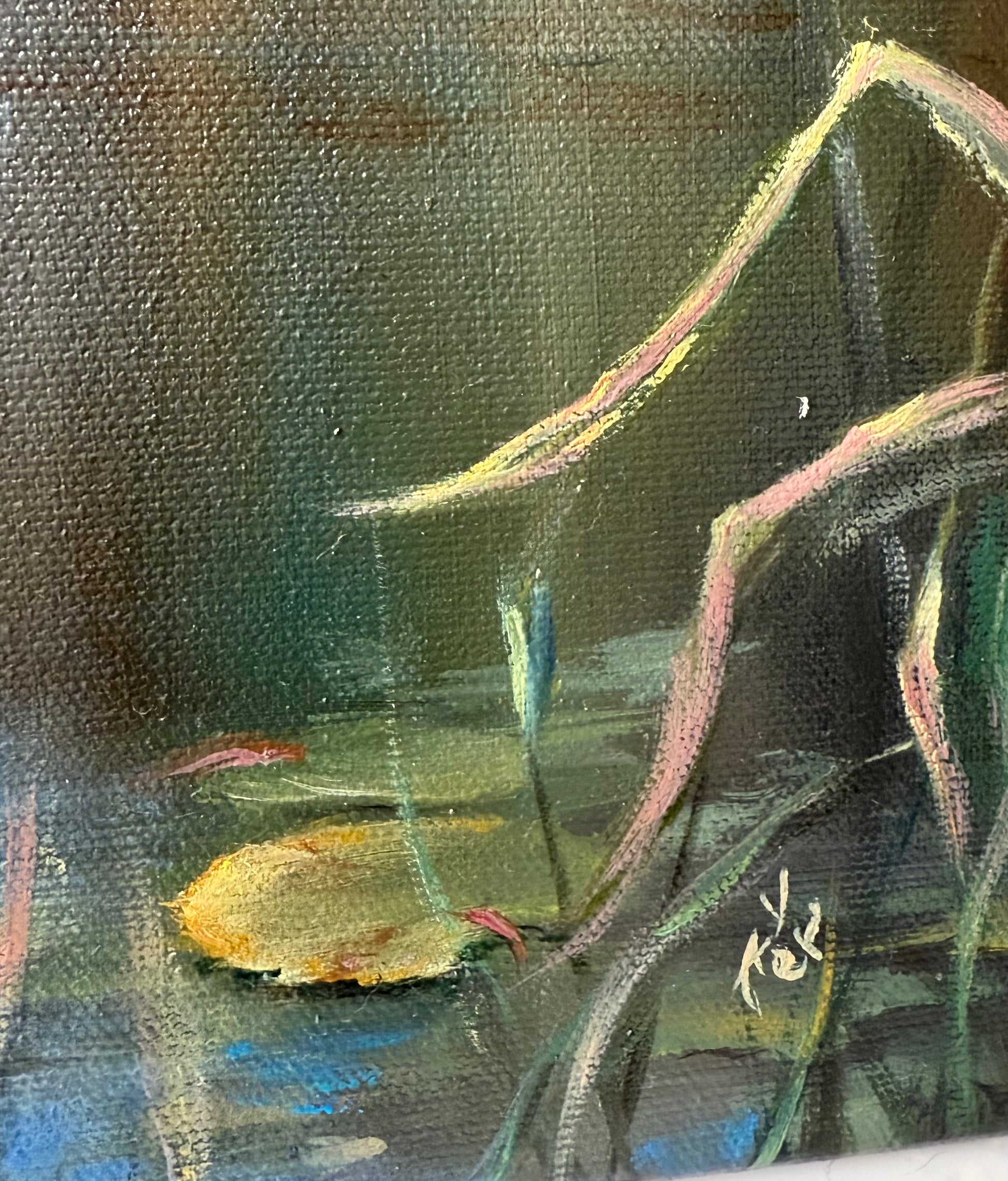 Close up of the lily pad floating on the pond surface. Oil on canvas lily pond painting.