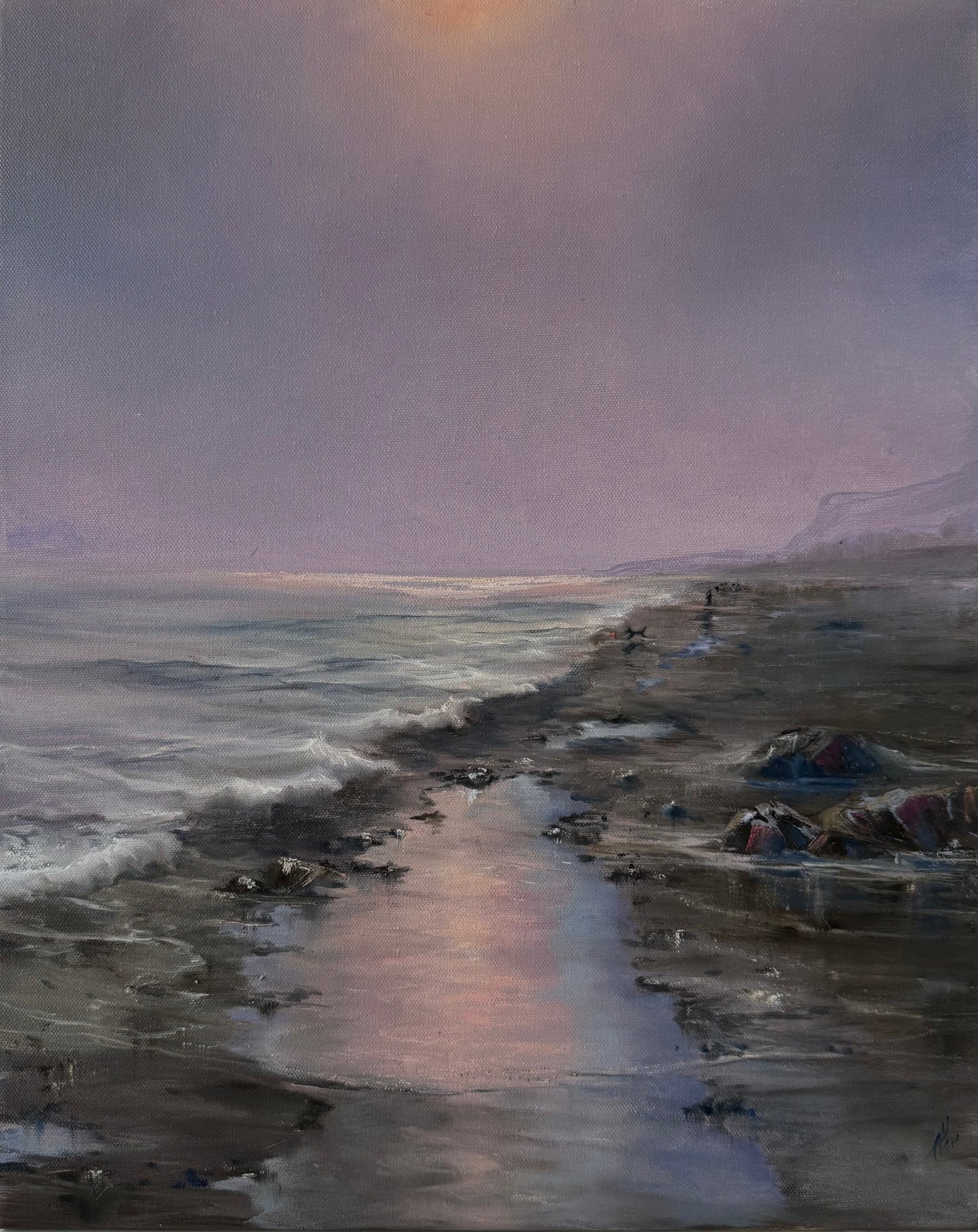 Dog walking on a hazy beach, 41x51 cm, original oil painting, seascape