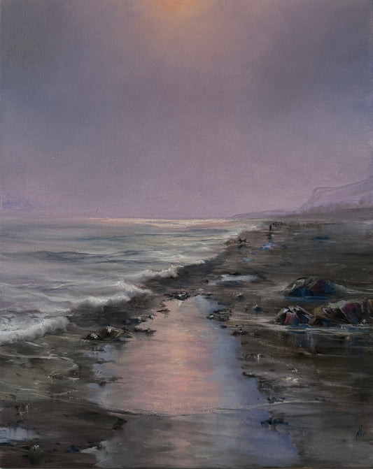 Dog walking on a hazy beach, 41x51 cm, original oil painting, seascape