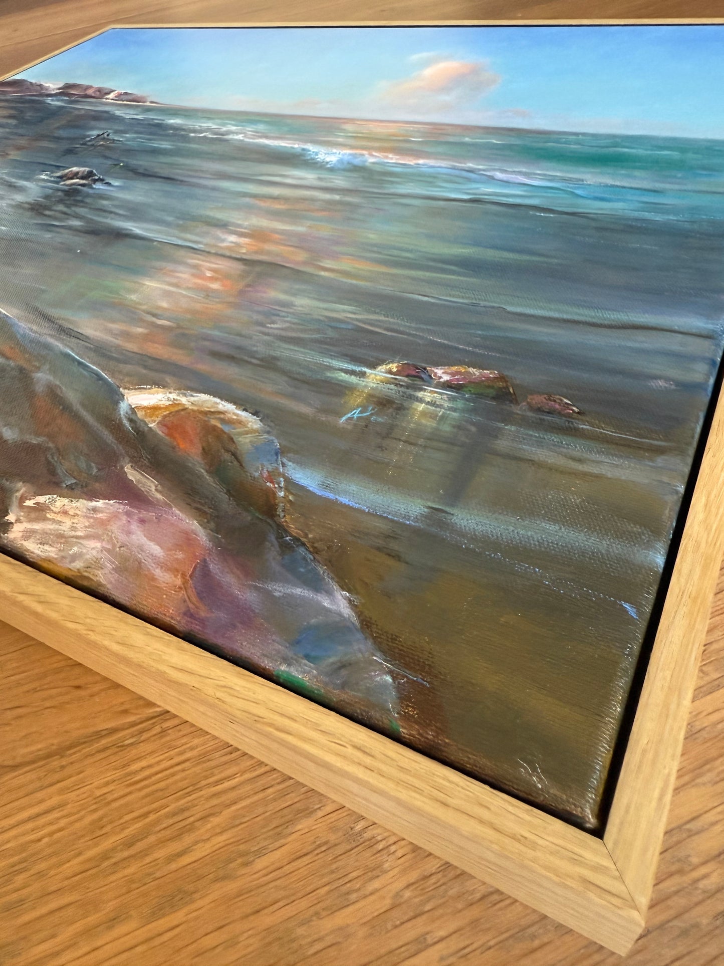 Dog walking down the beach, 51x61 cm, original oil painting
