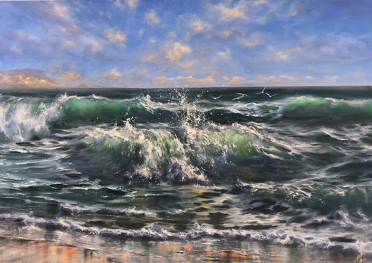 Original oil painting of a seascape, depicting vibrant waves and sunlight reflecting off the ocean, with a blue sky and clouds in the background.