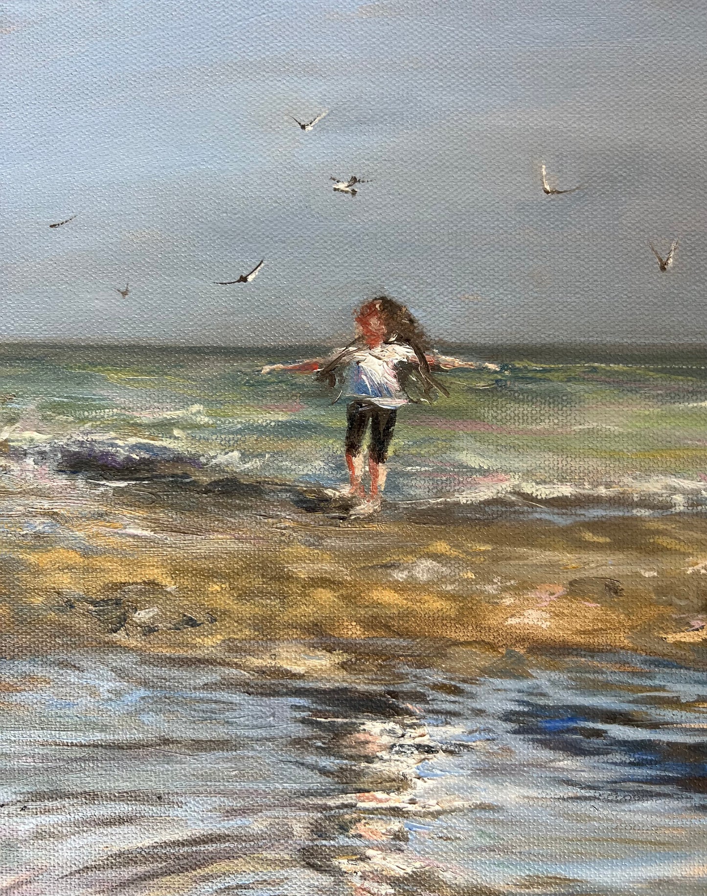 Dancing with Seagulls, 30x40cm, linen, original oil painting, seascape