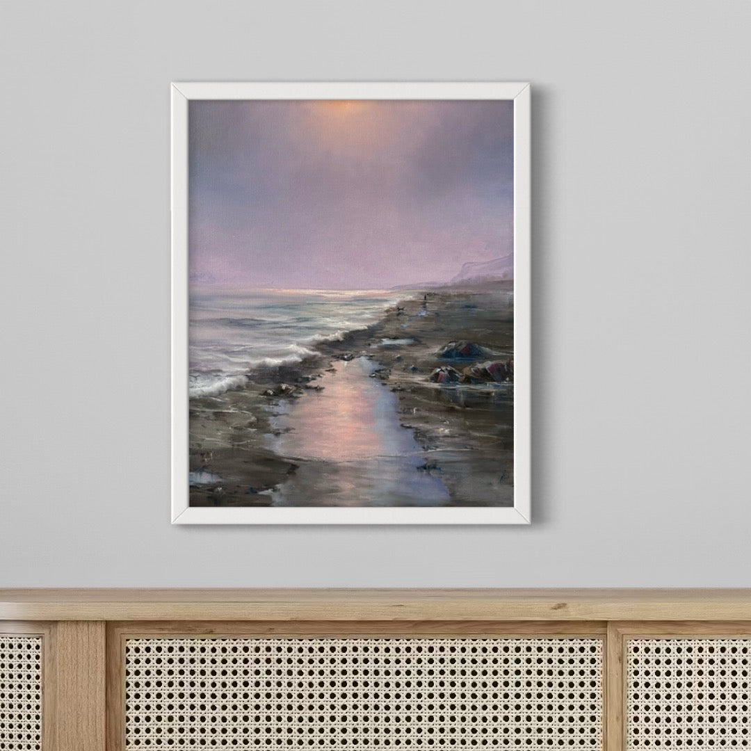 Dog walking on a hazy beach, 41x51 cm, original oil painting, seascape