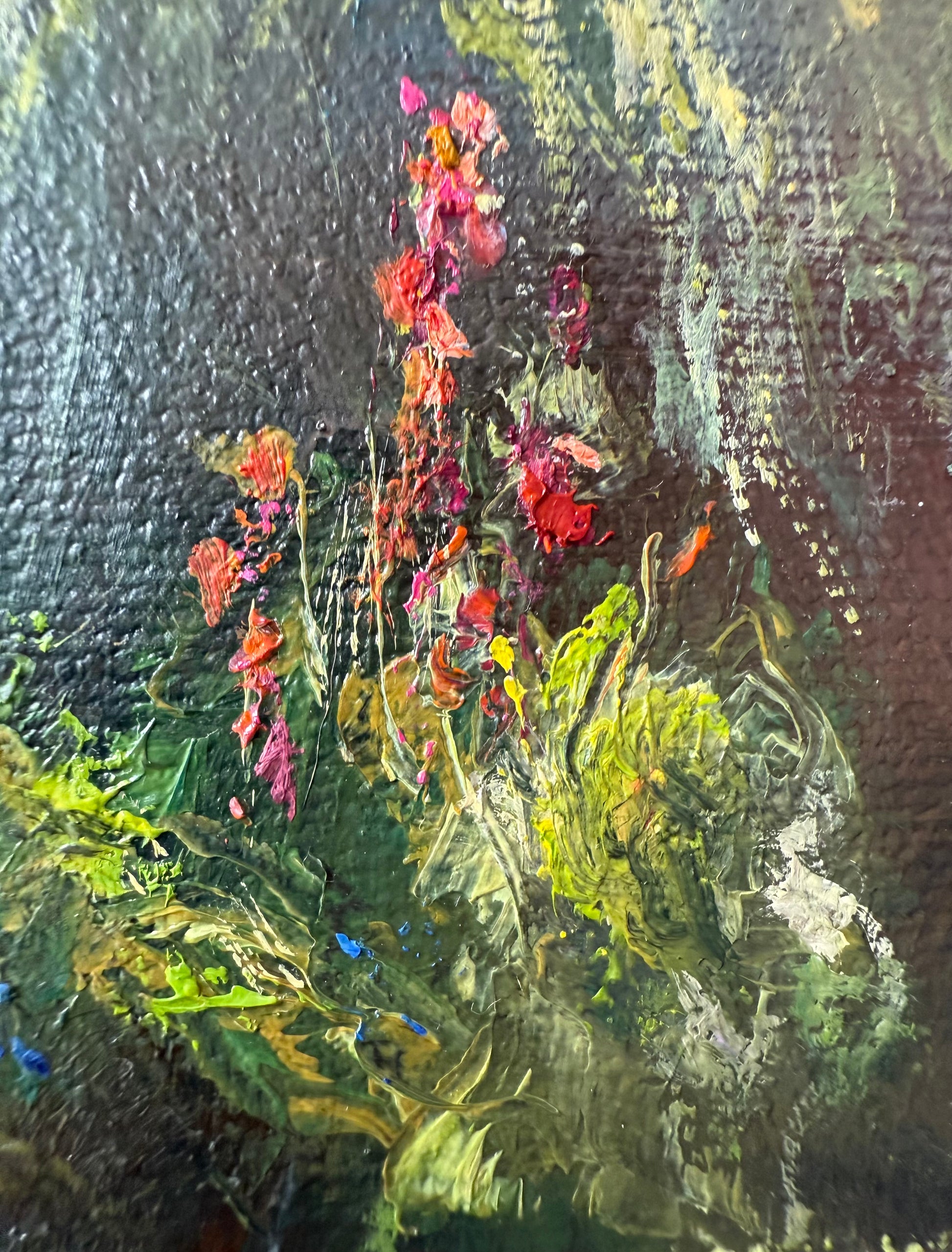 Close up of an impasto flowers painting.
