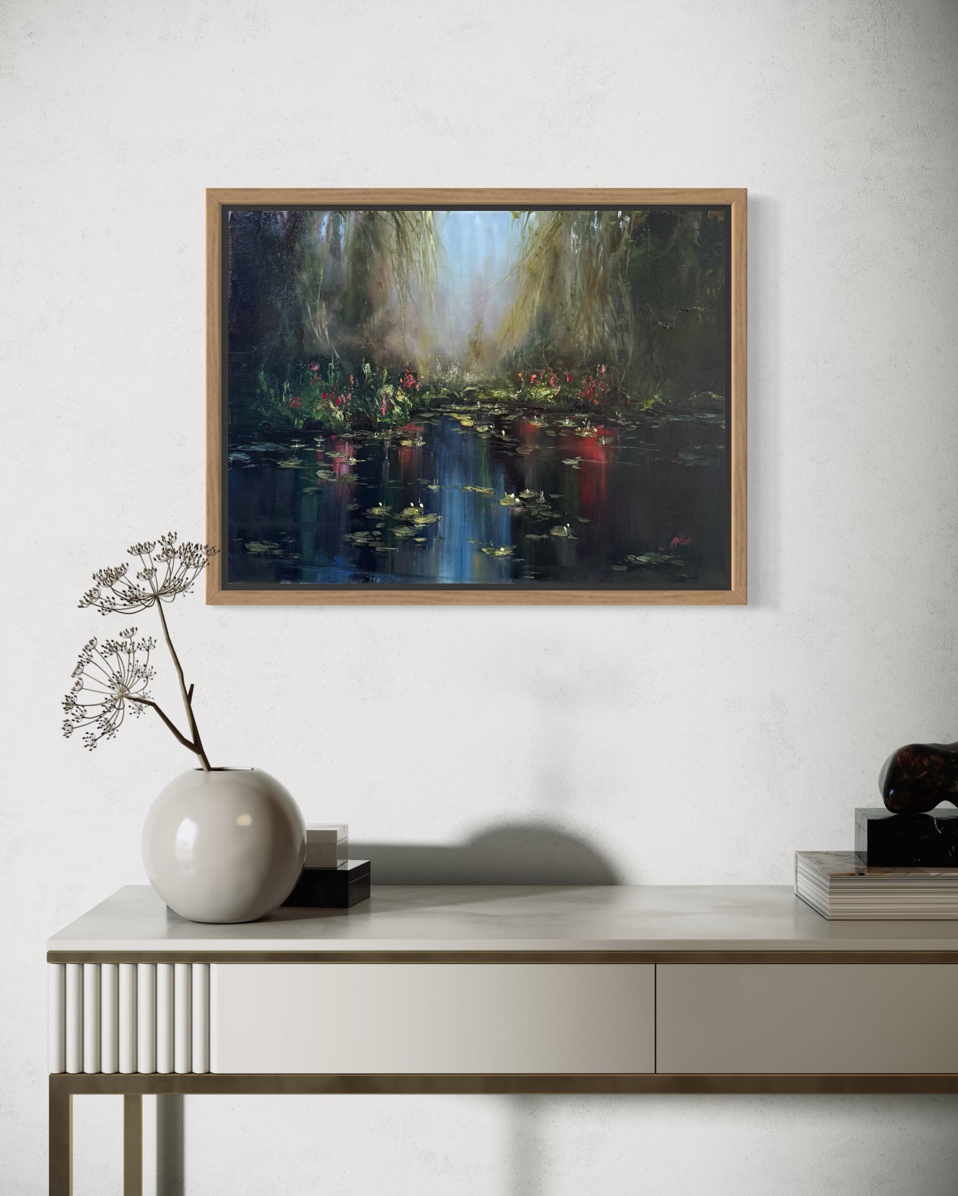 Framed lily pond oil painting