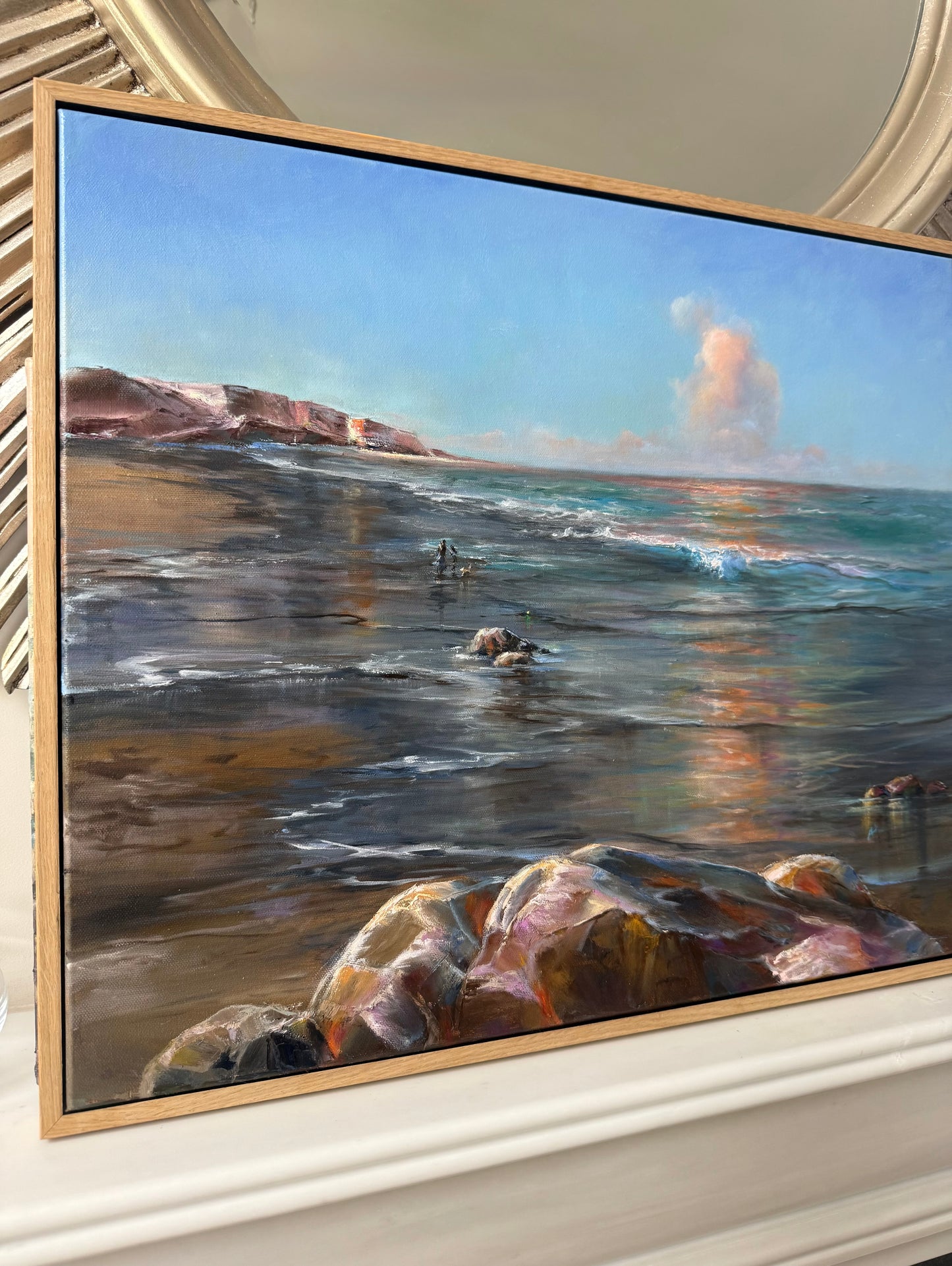 Dog walking down the beach, 51x61 cm, original oil painting