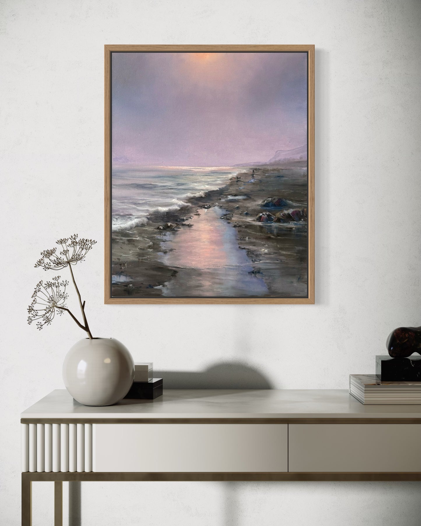 Dog walking on a hazy beach, 41x51 cm, original oil painting, seascape