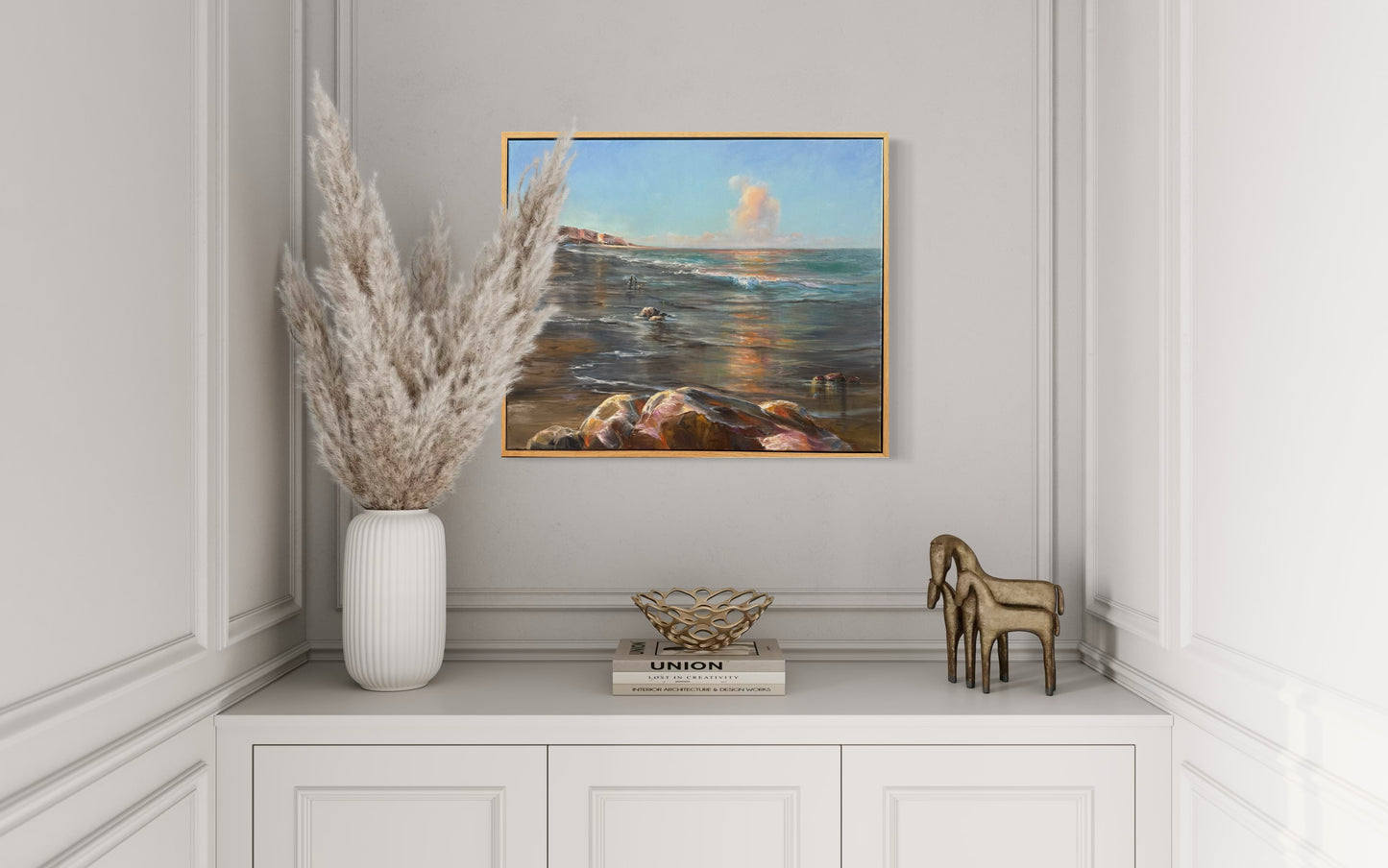 Dog walking down the beach, 51x61 cm, original oil painting