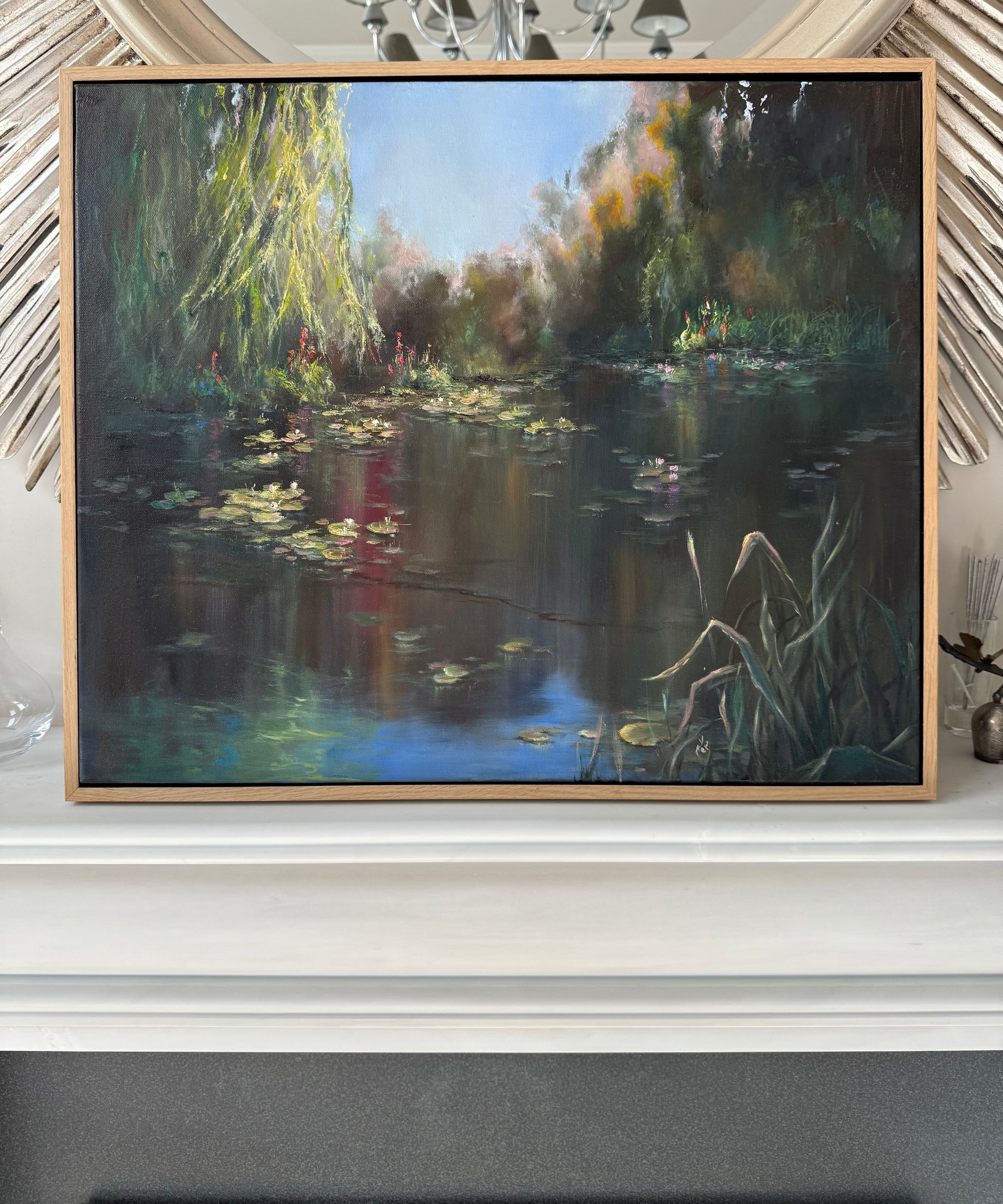 Lilies painting in tray frame.