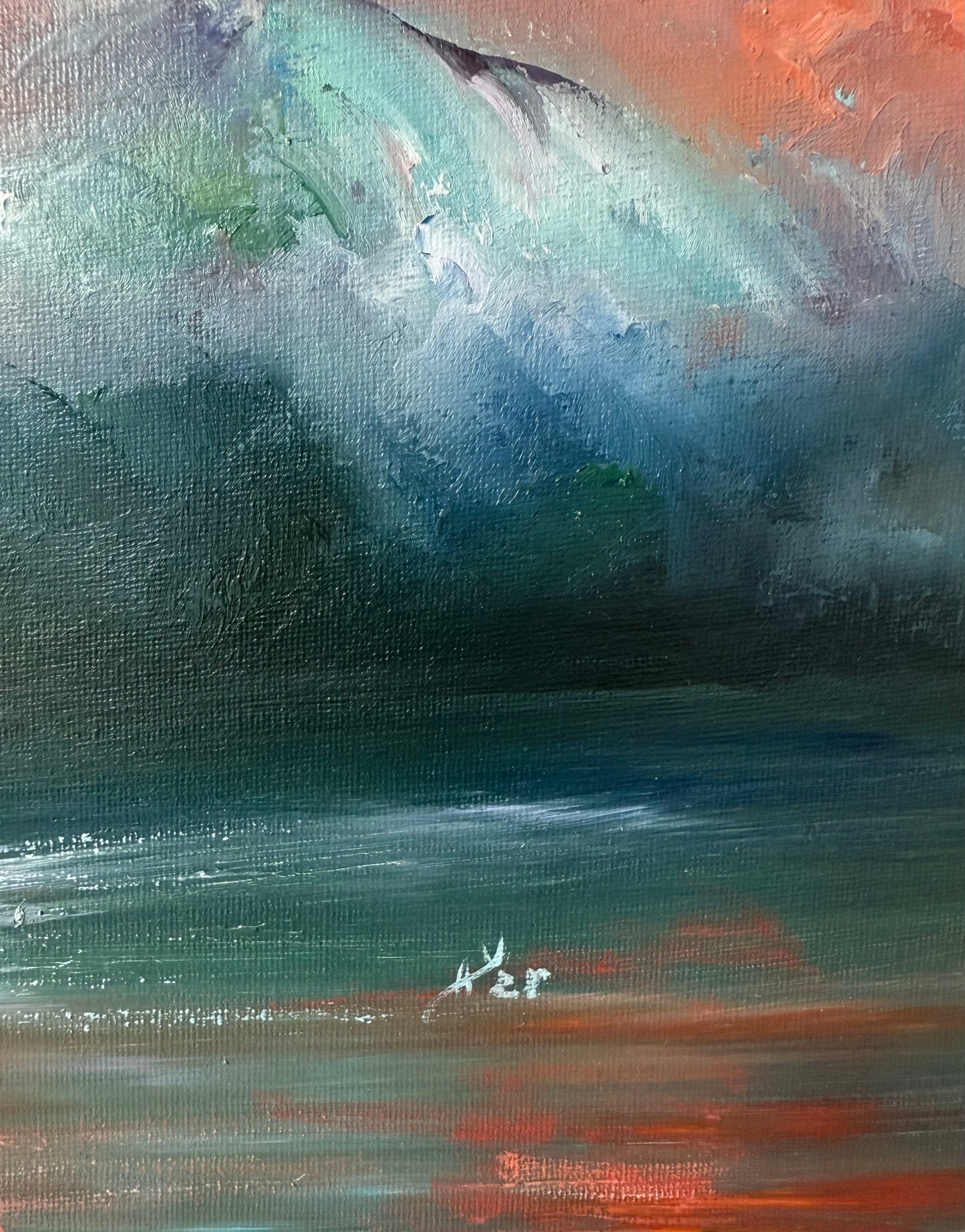 Tropical evening at strawberry hour, 22x35 cm, original seascape oil painting