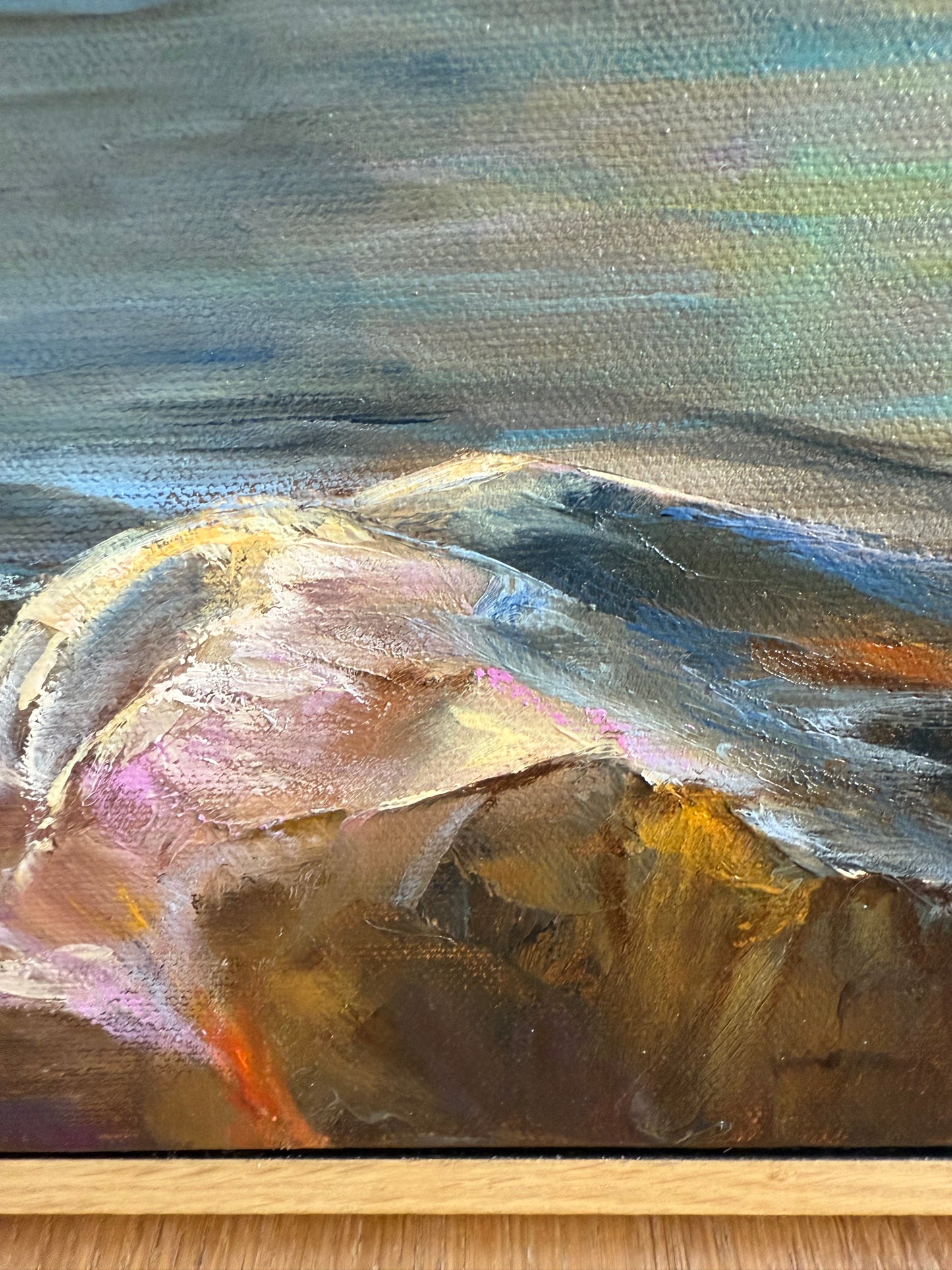Dog walking down the beach, 51x61 cm, original oil painting